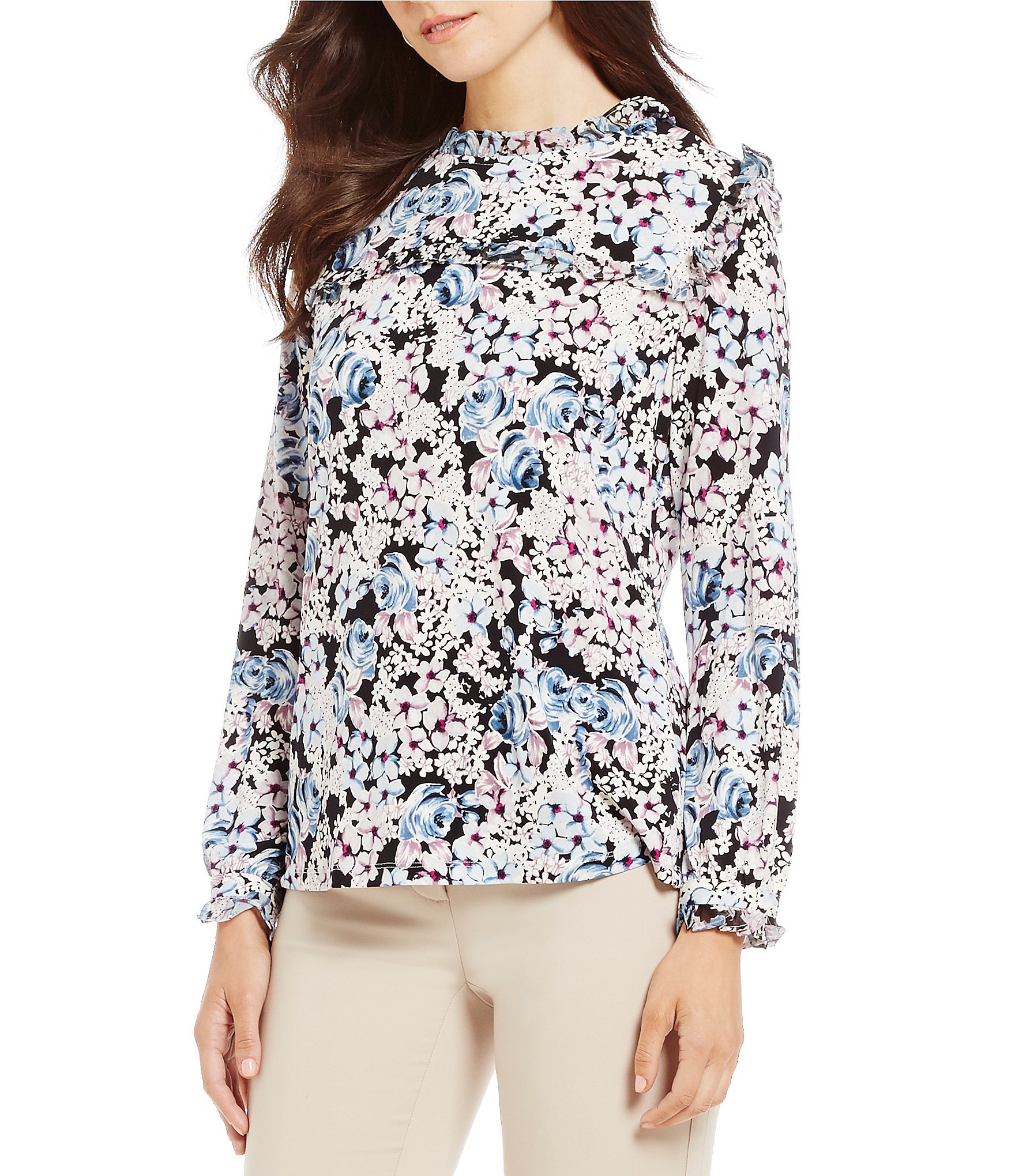 KARL LAGERFELD PARIS Printed Ruffle Blouse Dillards
