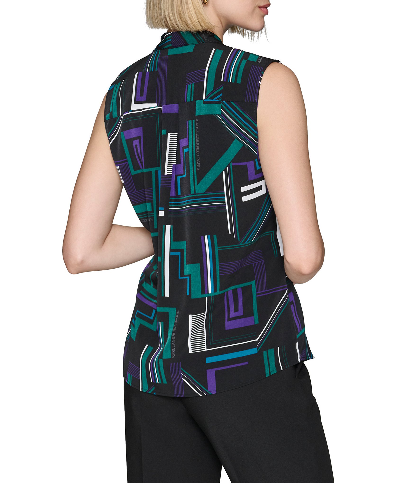 KARL LAGERFELD PARIS Printed Woven Tie Neck Sleeveless Button Down Blouse