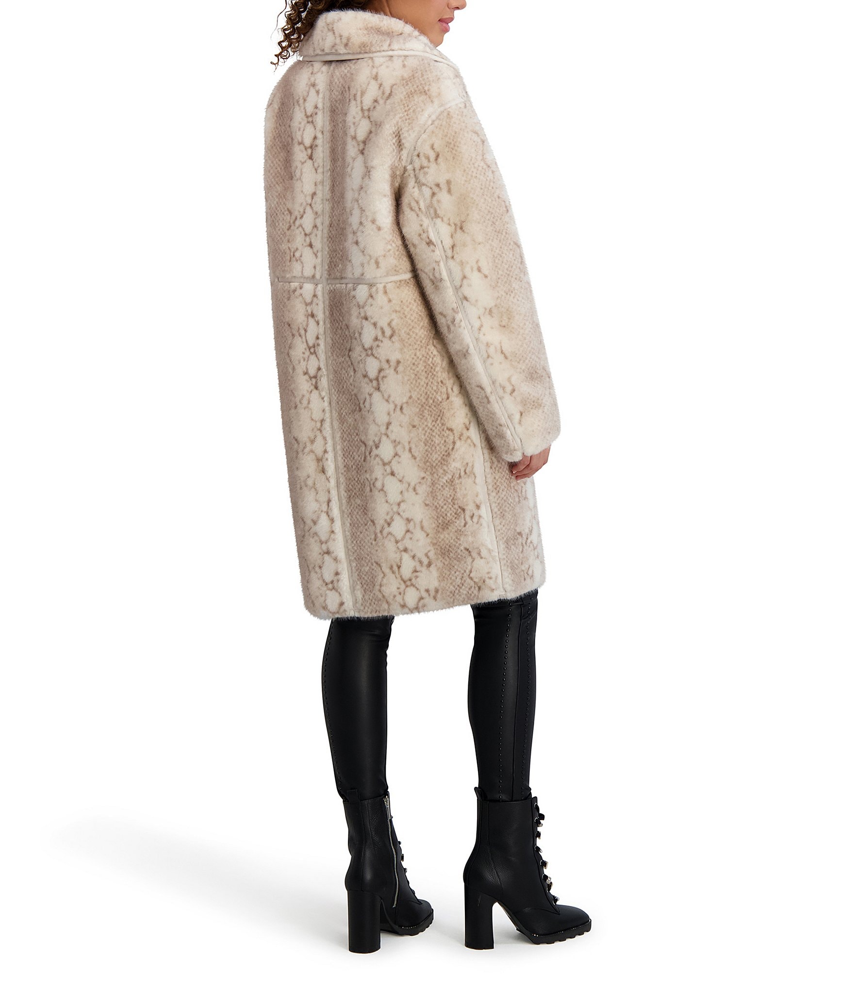 KARL LAGERFELD PARIS Python Faux Shearling Notch Collar Oversize Single Breasted Coat