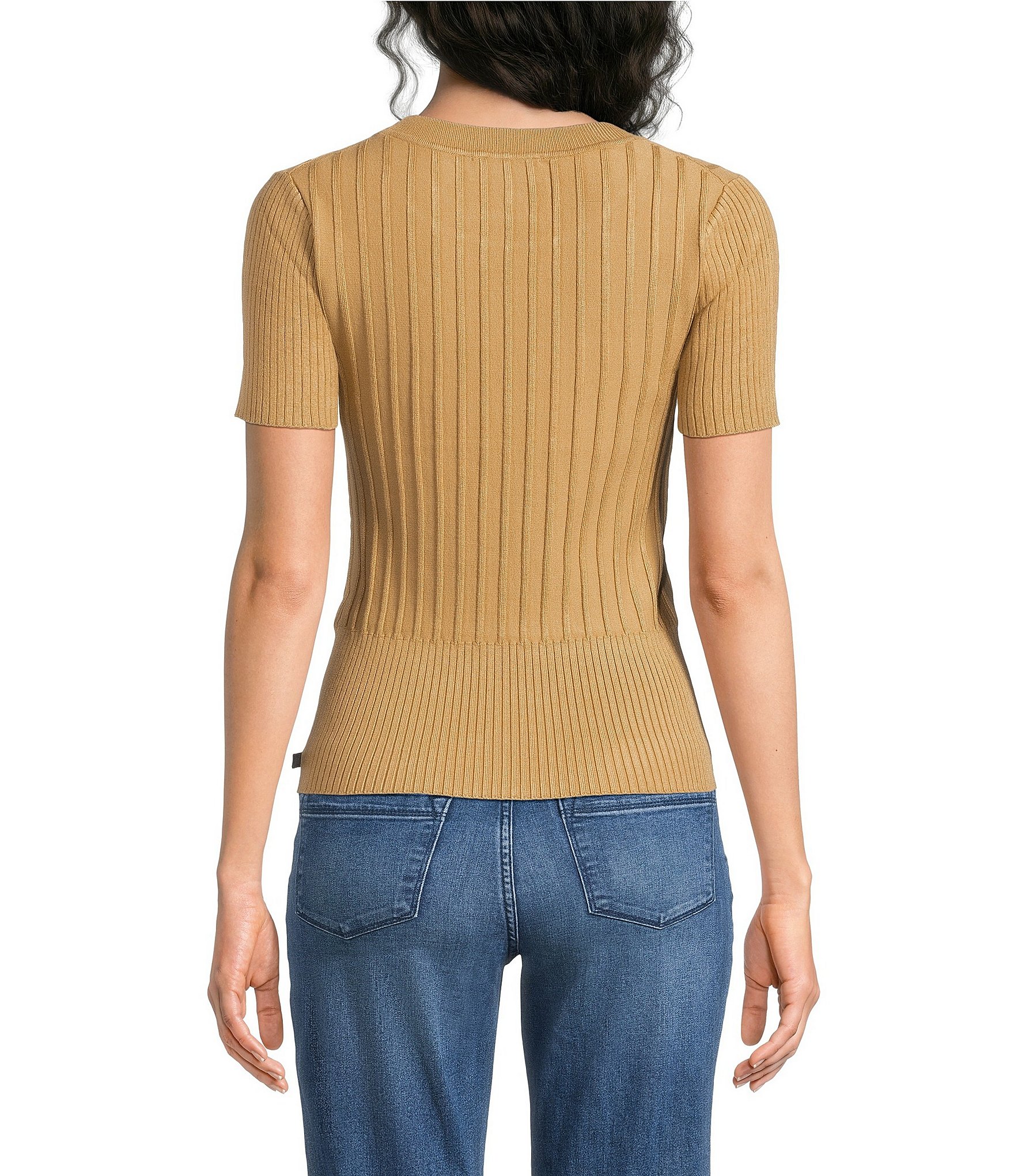 KARL LAGERFELD PARIS Ribbed Knit Crew Neck Short Sleeve Sweater Top