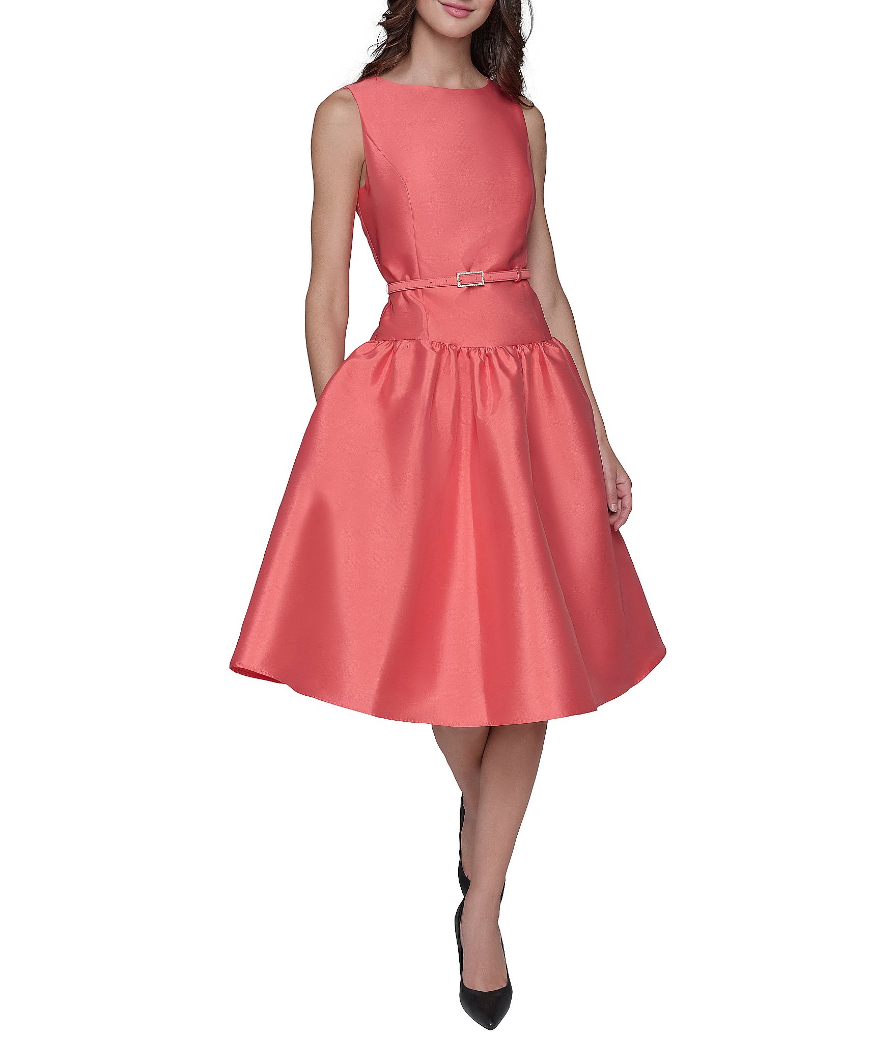 KARL LAGERFELD PARIS Round Neck Drop Waist Taffeta Dress