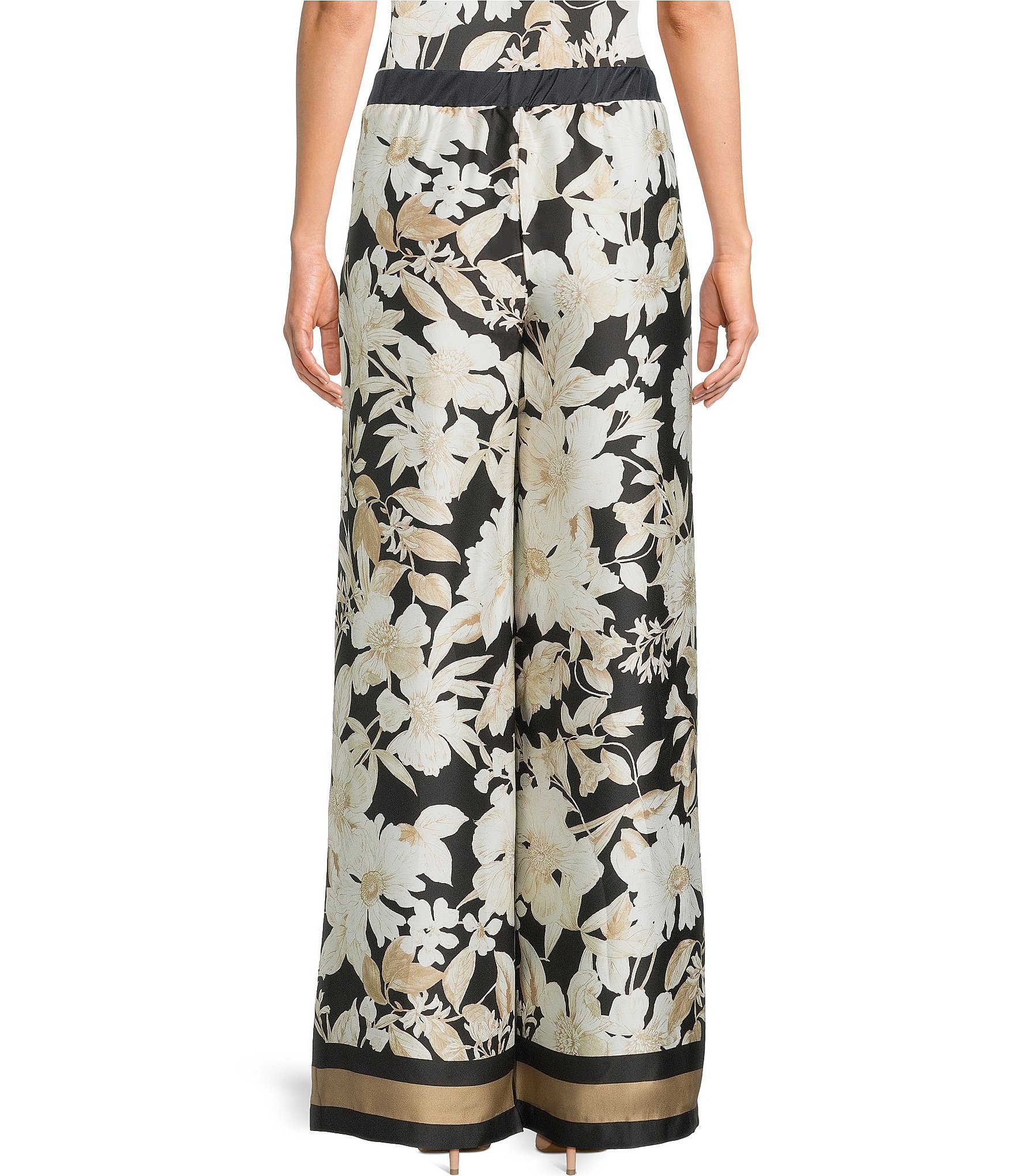 KARL LAGERFELD PARIS Satin Print Flat Front Wide Leg Pull On Coordinating Pants