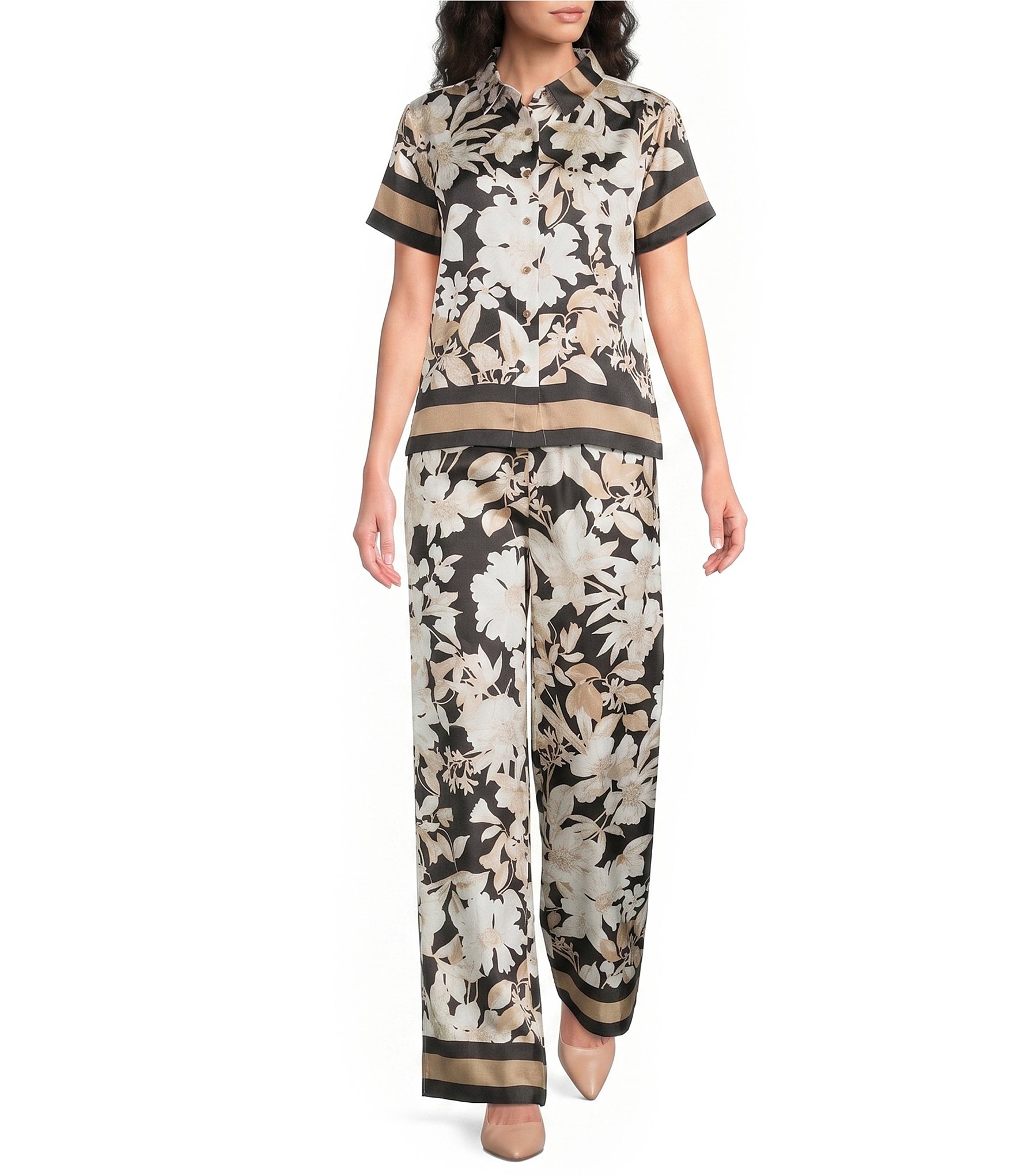 KARL LAGERFELD PARIS Satin Print Flat Front Wide Leg Pull On Coordinating Pants
