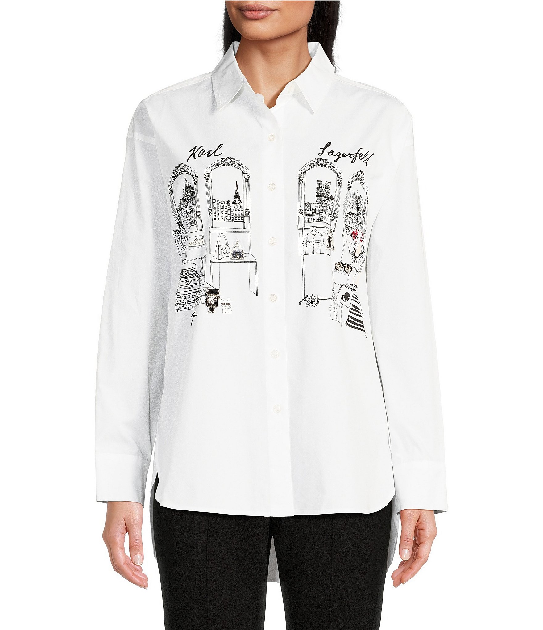 KARL LAGERFELD PARIS Shopping Girl Poplin Long Sleeve Button Front Shirt |  Dillard's