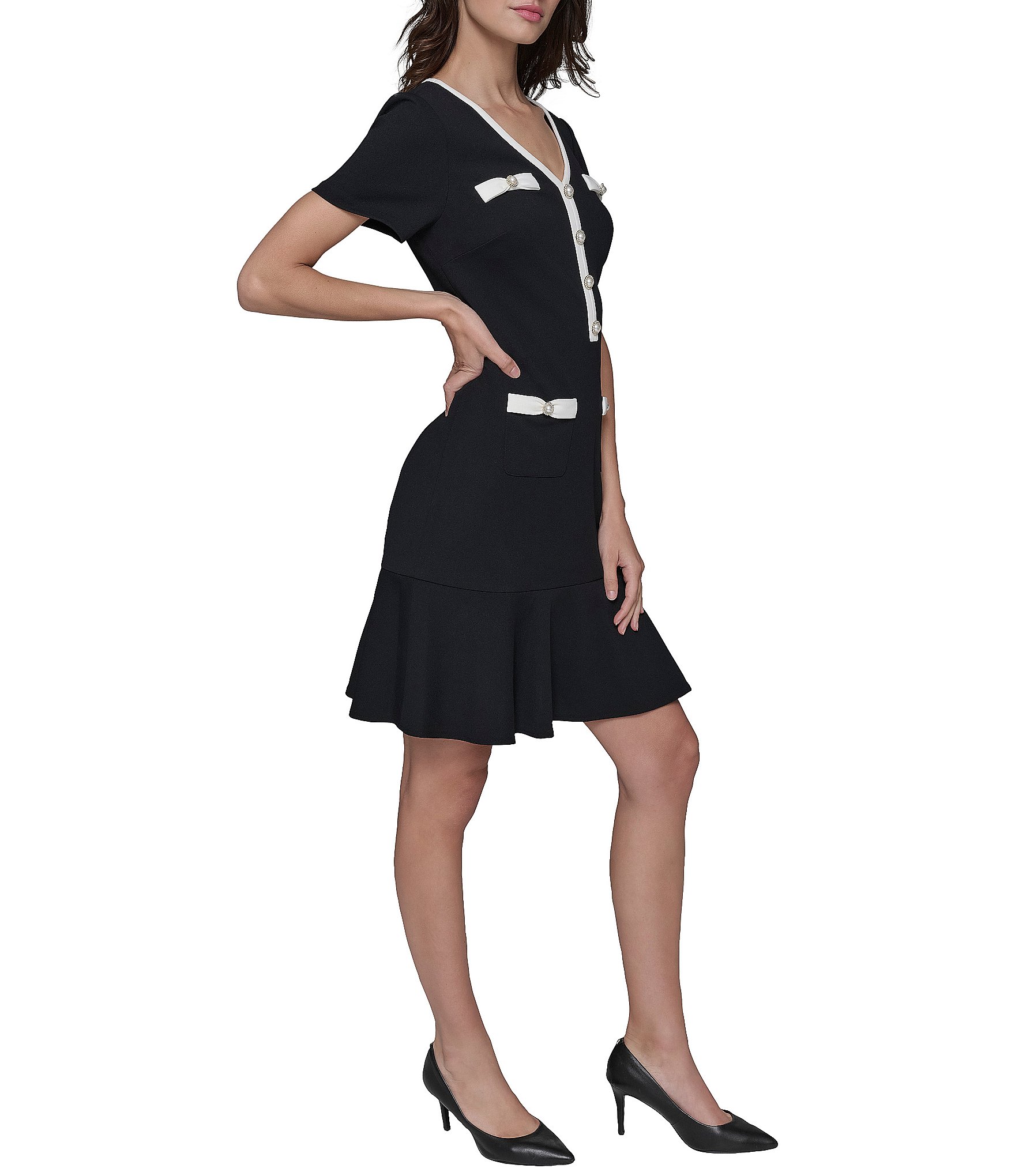KARL LAGERFELD PARIS Short Sleeve Bow Detail Stretch Scuba