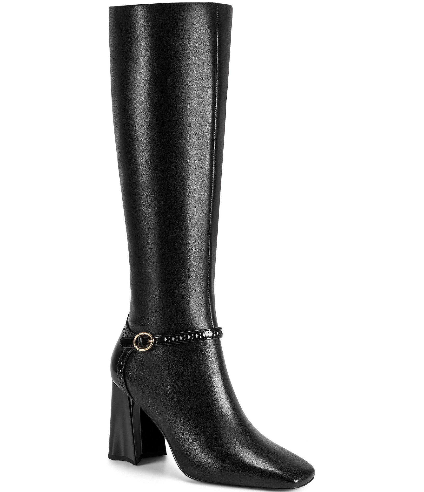 KARL LAGERFELD PARIS Shreya Leather Brogue Strap Square Toe Tall Boots