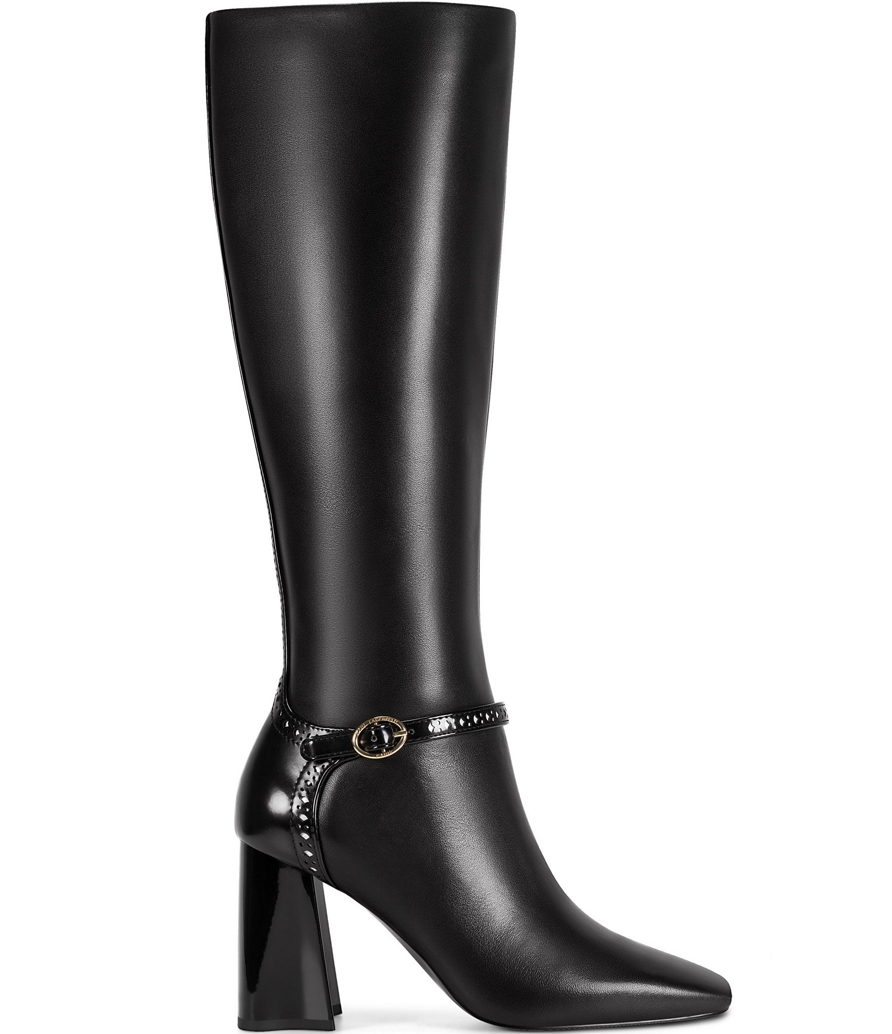 KARL LAGERFELD PARIS Shreya Leather Brogue Strap Square Toe Tall Boots