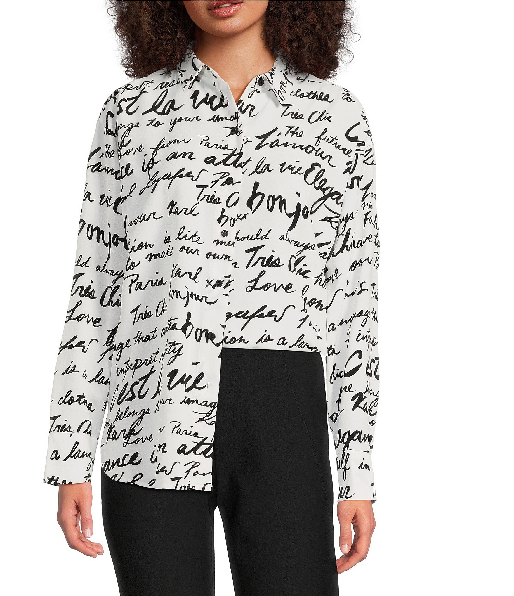 KARL LAGERFELD PARIS Silky Crepe Sketch Print Point Collar