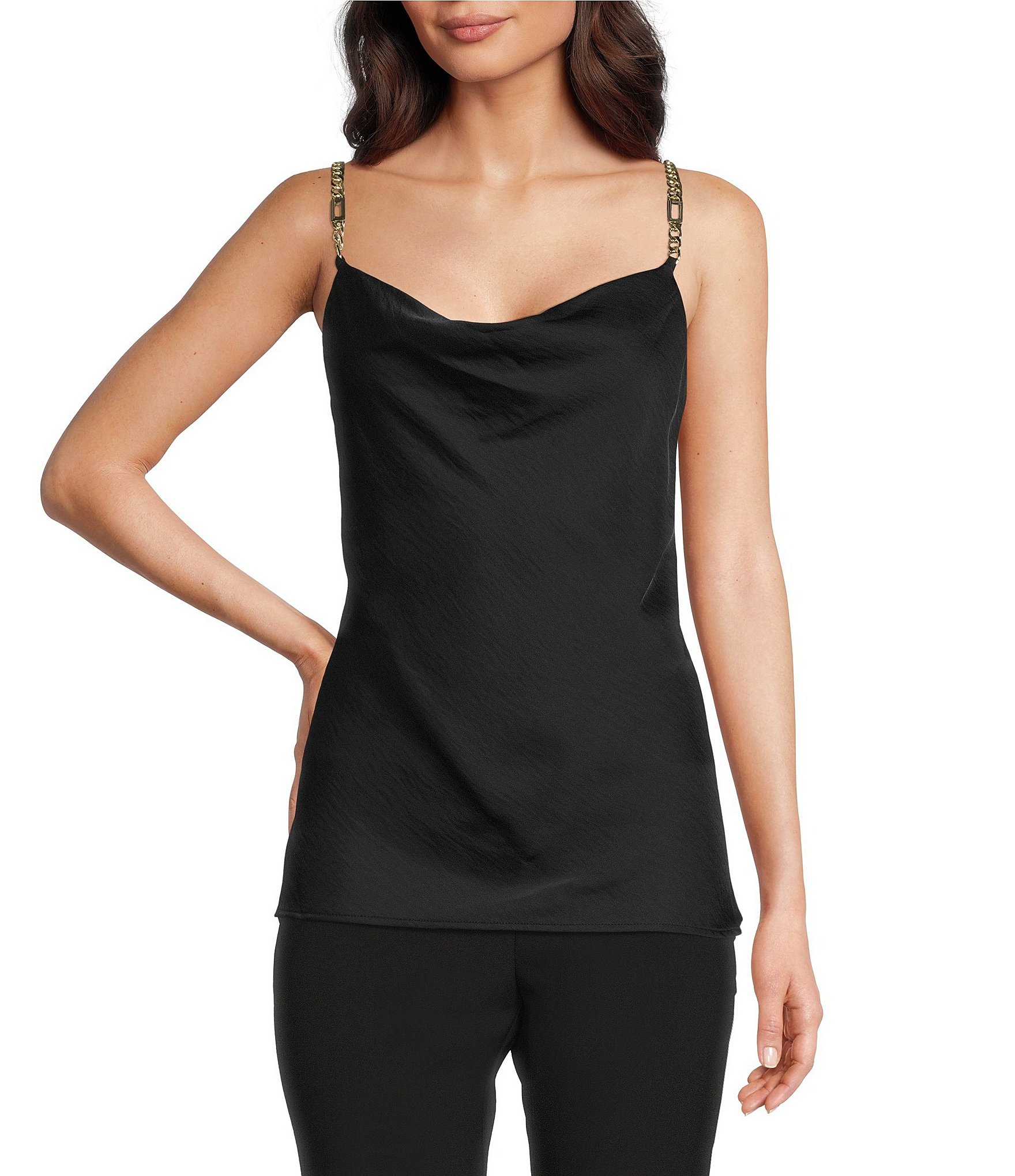 KARL LAGERFELD PARIS Solid Cowl Neck Sleeveless Hardware Strap Detail Tank