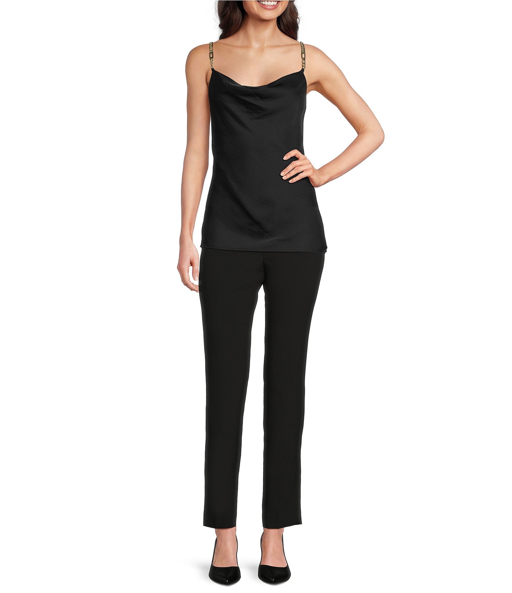 KARL LAGERFELD PARIS Solid Cowl Neck Sleeveless Hardware Strap Detail Tank