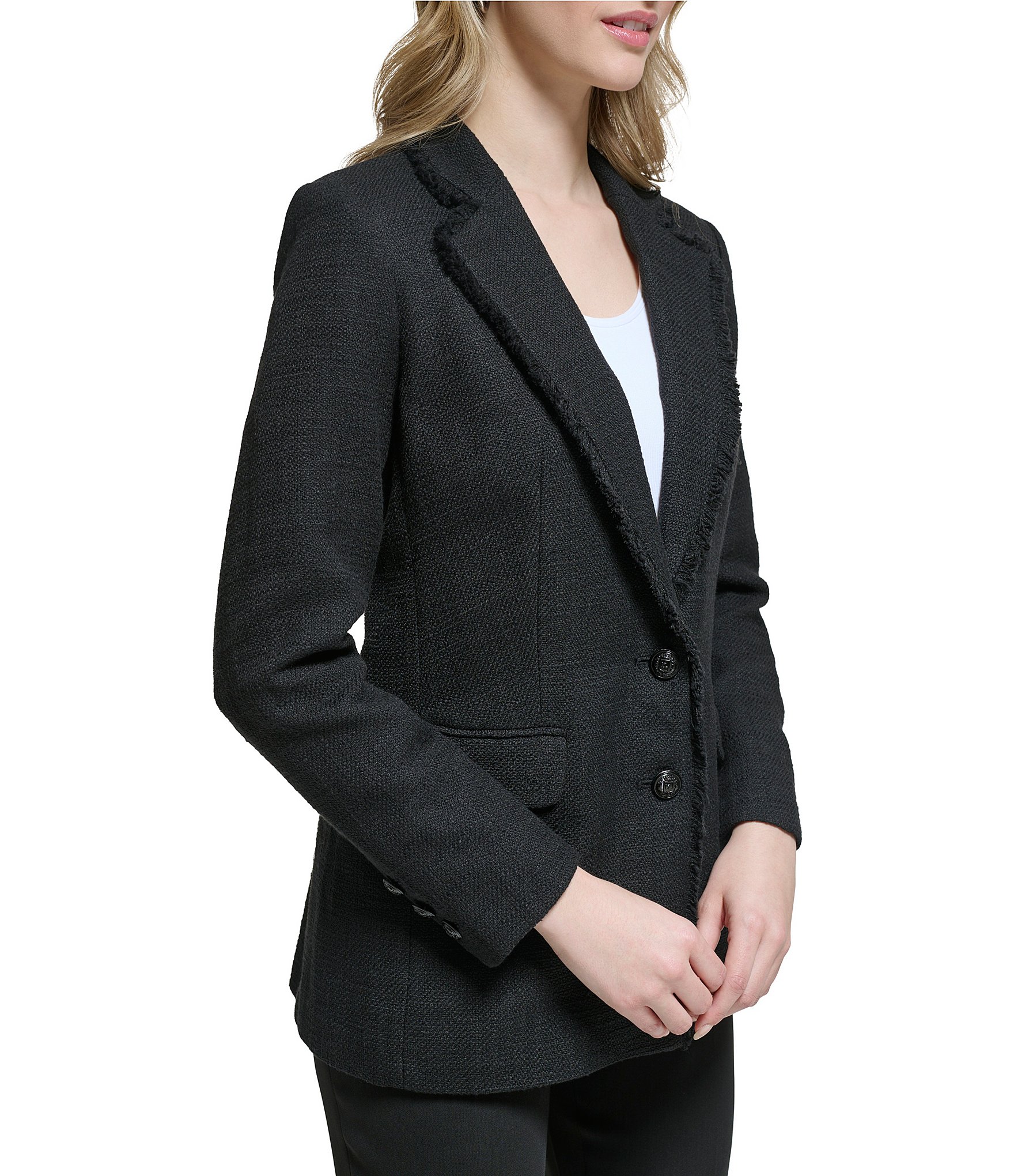 KARL LAGERFELD PARIS Solid Tweed Long Sleeve Notch Lapel Blazer