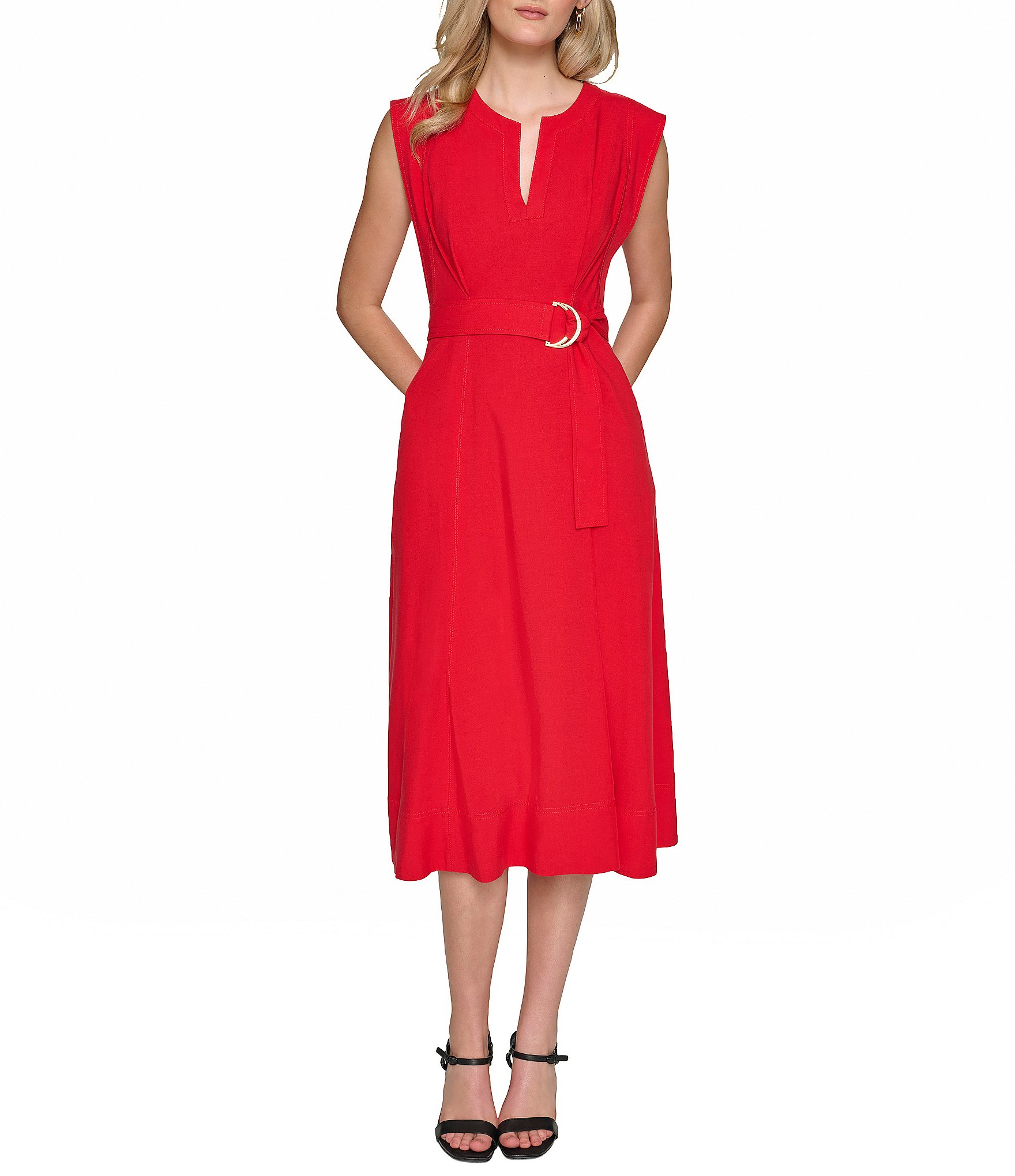 KARL LAGERFELD PARIS Split V-Neck Sleeveless Belted Midi Dress | Dillard's