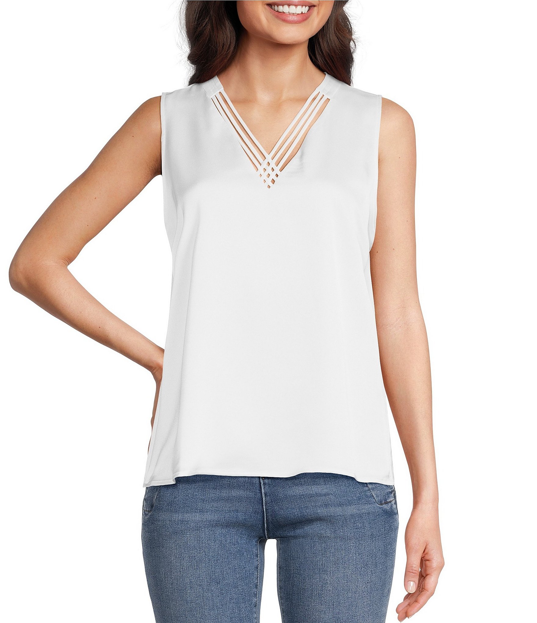 KARL LAGERFELD PARIS Strappy V-Neckline Sleeveless Blouse | Dillard's