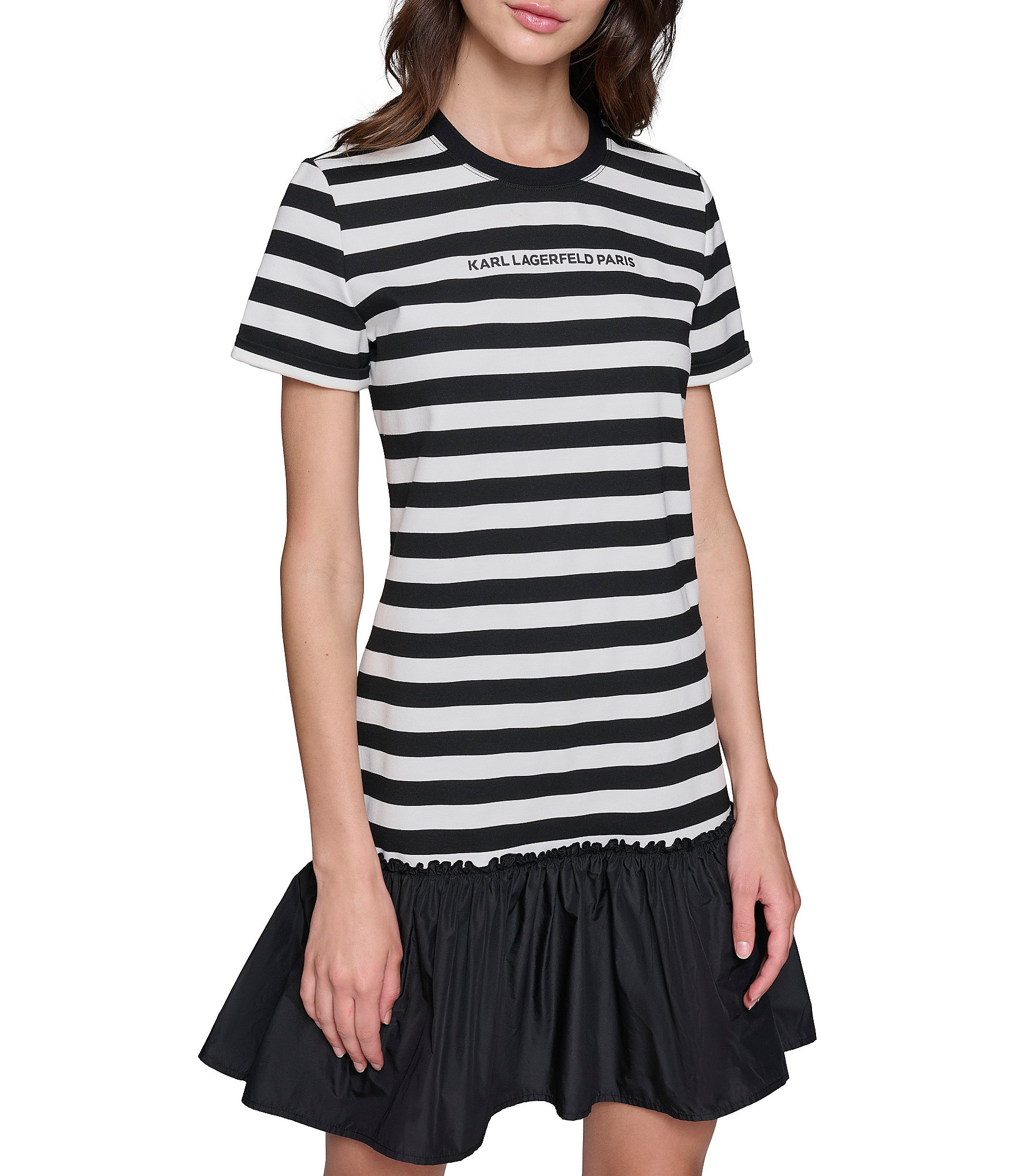 KARL LAGERFELD PARIS Stripe Logo Ruffle Trim Drop Waist Dress | Dillard's