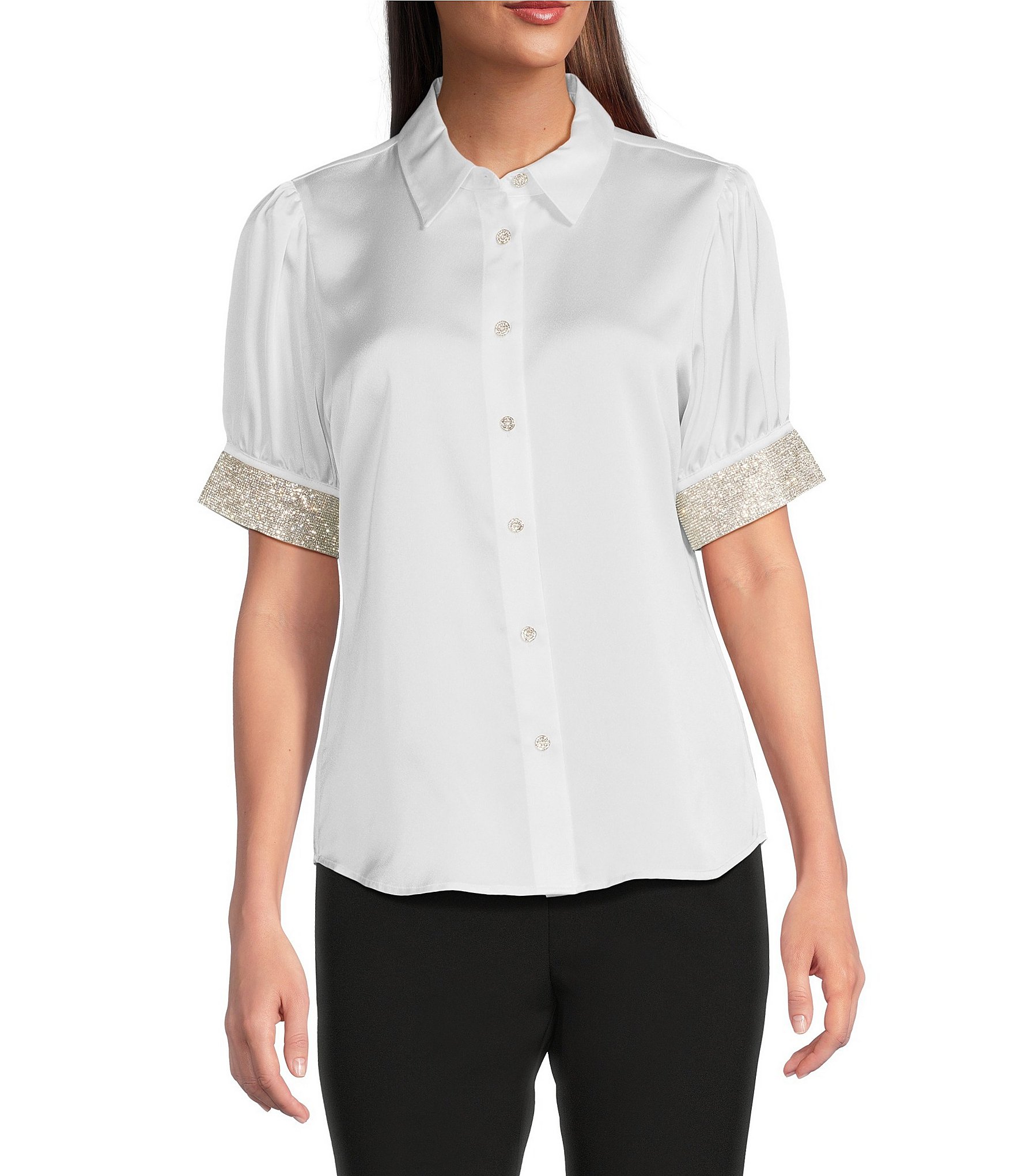 KARL LAGERFELD PARIS Tech Satin Point Collar Short Trim Sleeve Embellished Button-Front Blouse