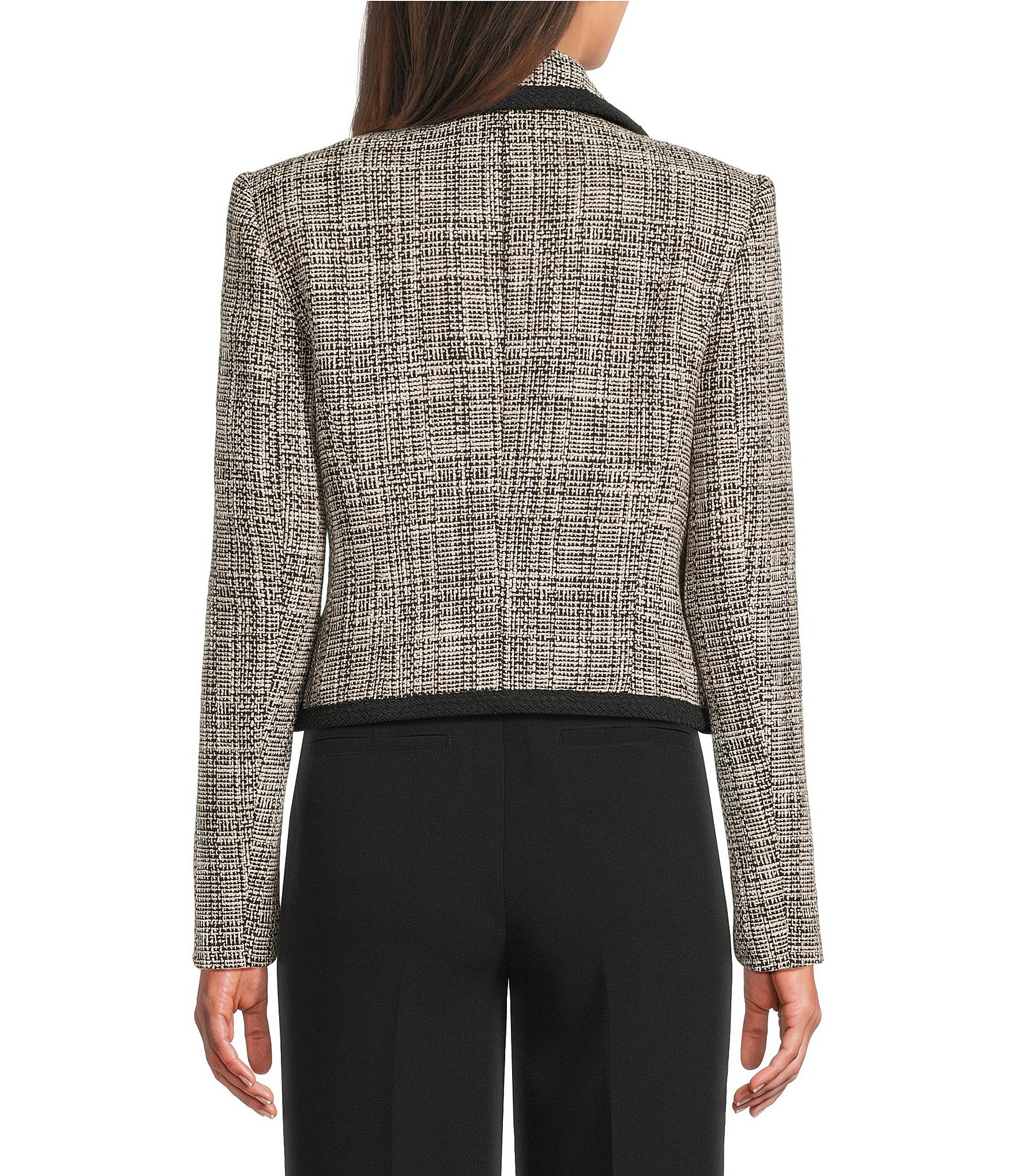 KARL LAGERFELD PARIS Tweed Checkered Point Collar Long Sleeve Button Front Jacket