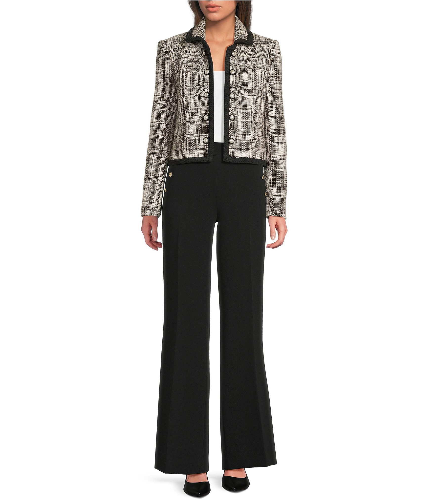 KARL LAGERFELD PARIS Tweed Checkered Point Collar Long Sleeve Button Front Jacket