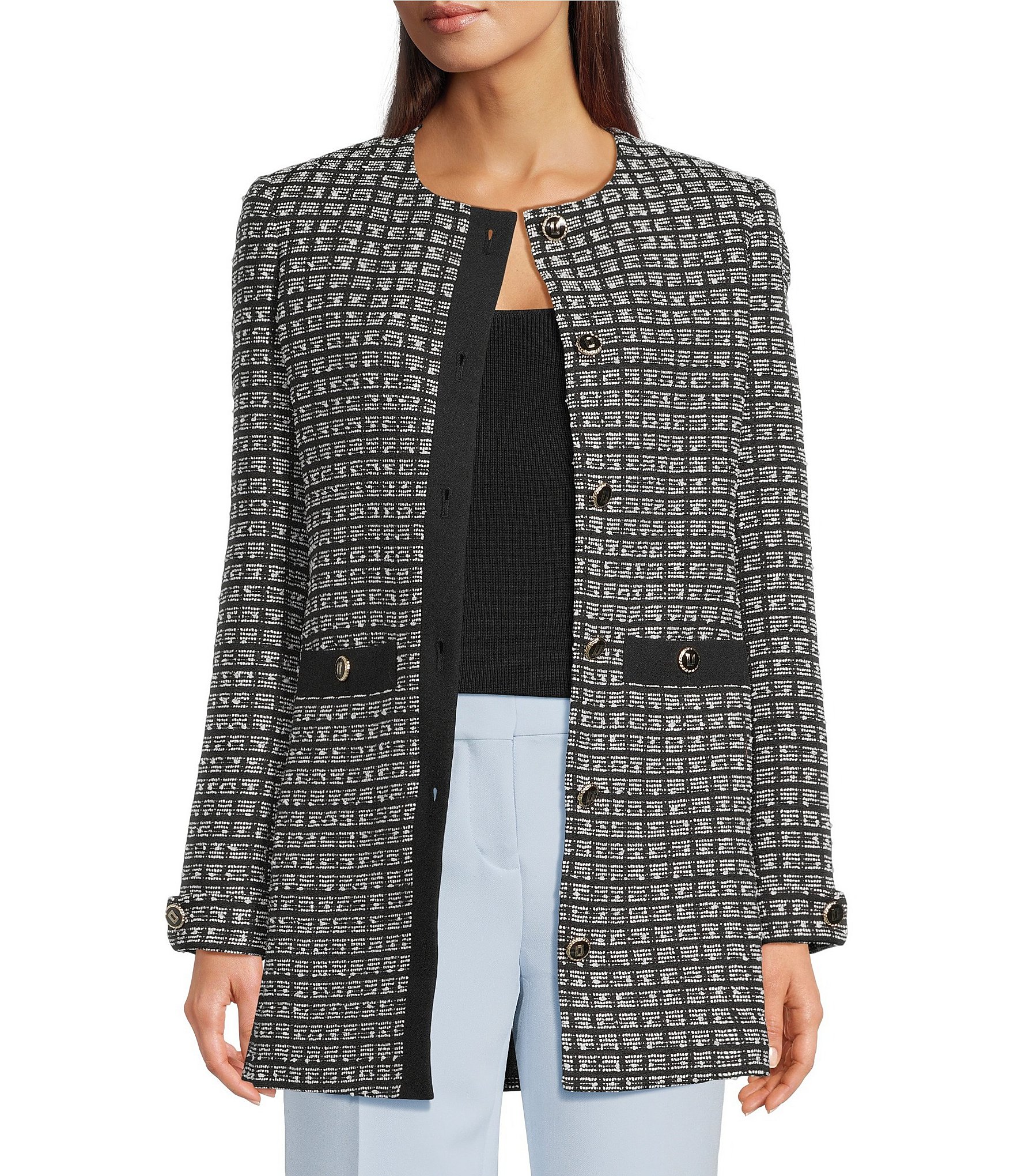 KARL LAGERFELD PARIS Tweed Round Neck Long Sleeve Jacket