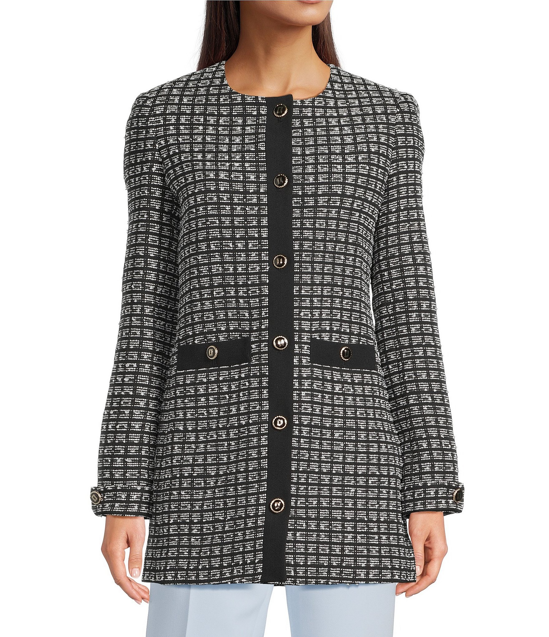 KARL LAGERFELD PARIS Tweed Round Neck Long Sleeve Jacket