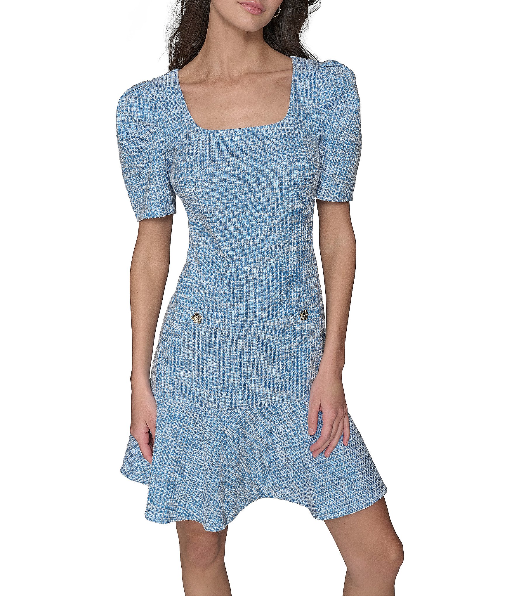 KARL LAGERFELD PARIS Tweed Square Neck Short Sleeve Rhinestone Button Detail Fit and Flare Mini Dress