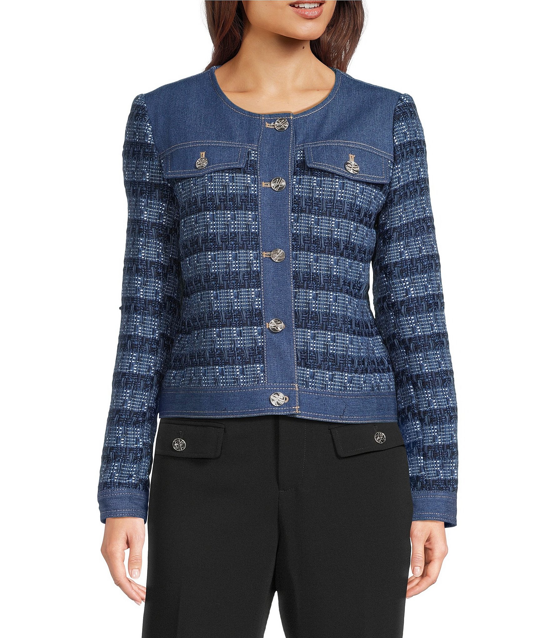 KARL LAGERFELD PARIS Tweed Stretch Denim Round Neck Long Sleeve Coordinating Jacket