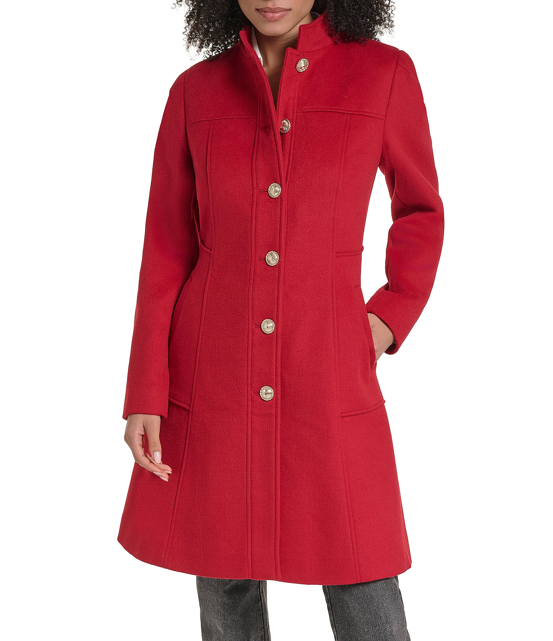 KARL LAGERFELD PARIS Wool Blend Stand Collar Button Front Single Breasted Coat
