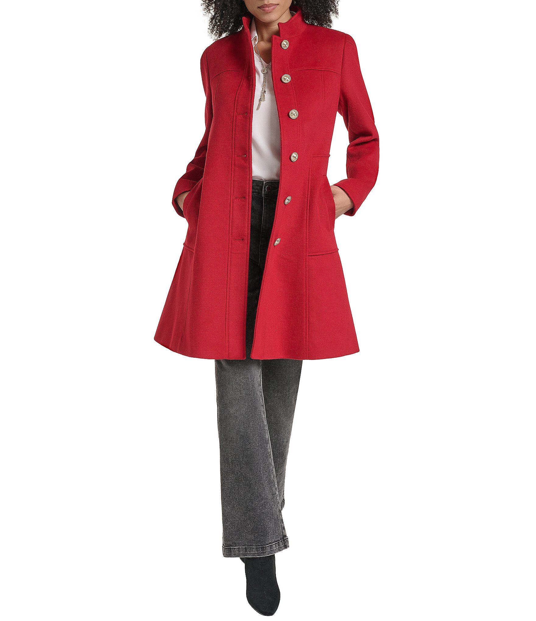KARL LAGERFELD PARIS Wool Blend Stand Collar Button Front Single Breasted Coat