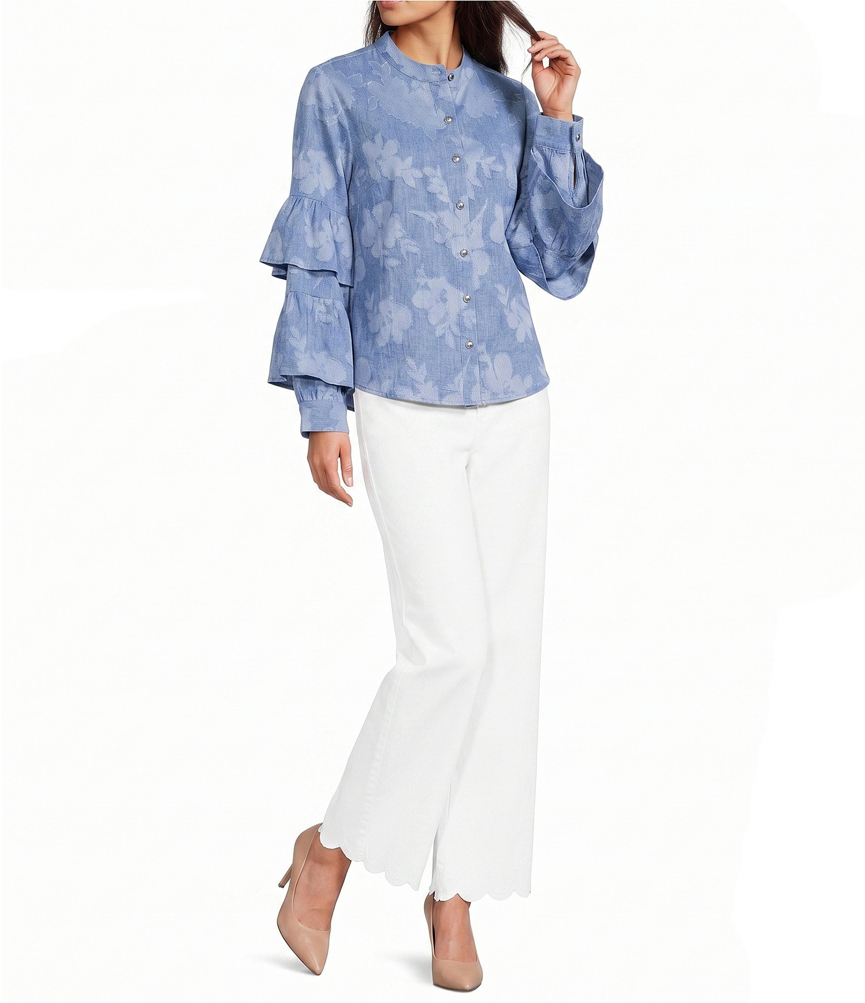 KARL LAGERFELD PARIS Woven Floral Print Mock Neck Long Sleeve Top