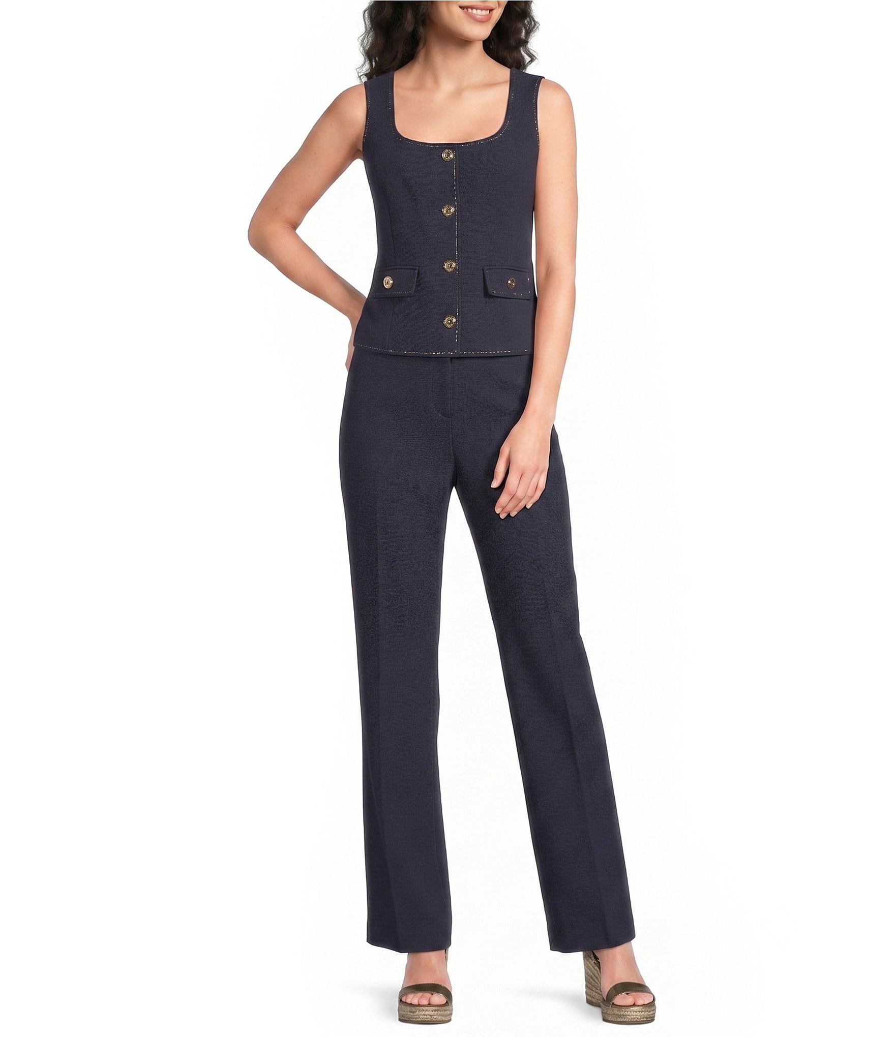 KARL LAGERFELD PARIS Woven Polish Suiting Scoop Neck Sleeveless Coordinating Vest