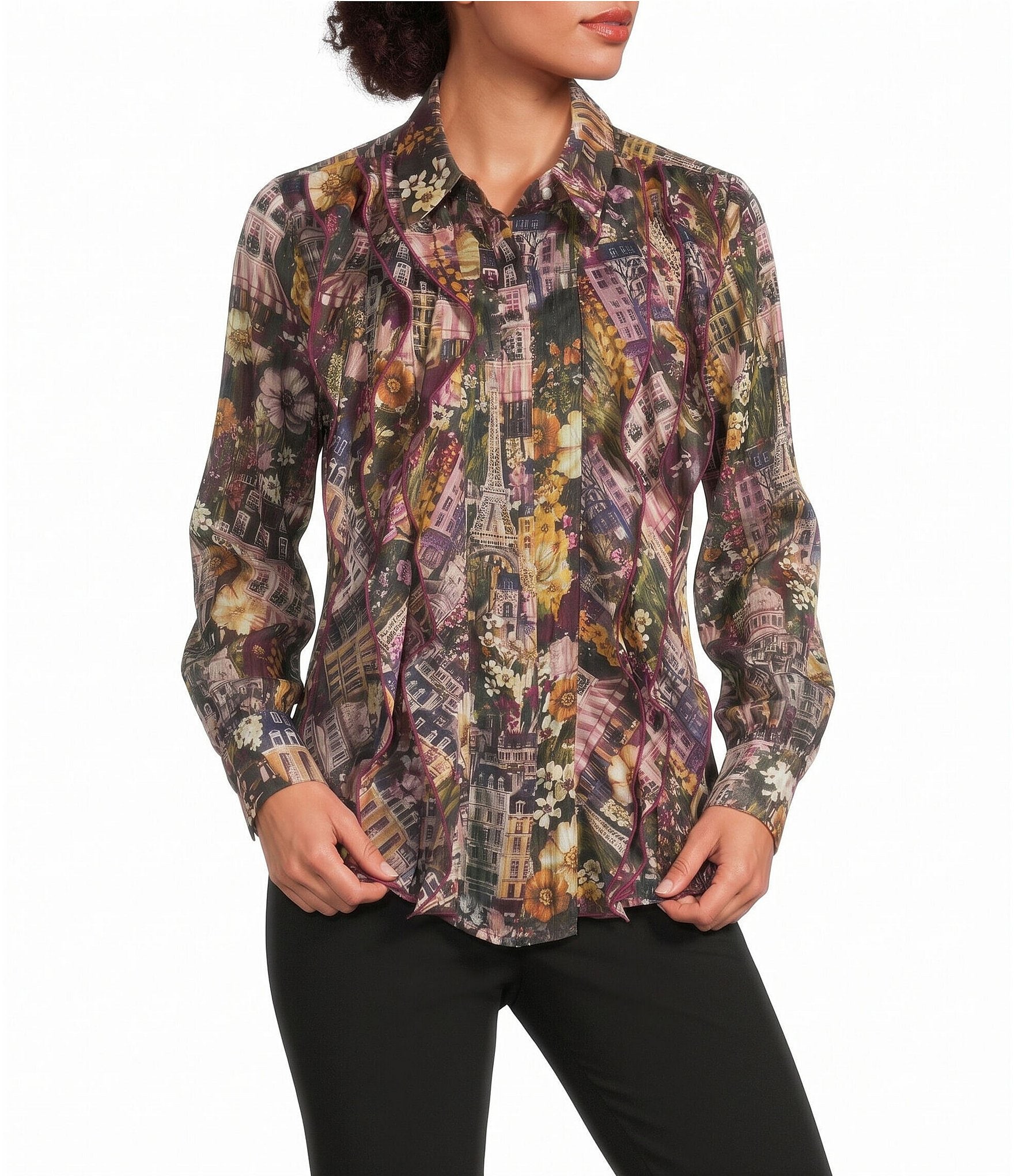 KARL LAGERFELD PARIS Woven Printed Shadow Stripe With Lurex Point Collar Long Sleeve Blouse