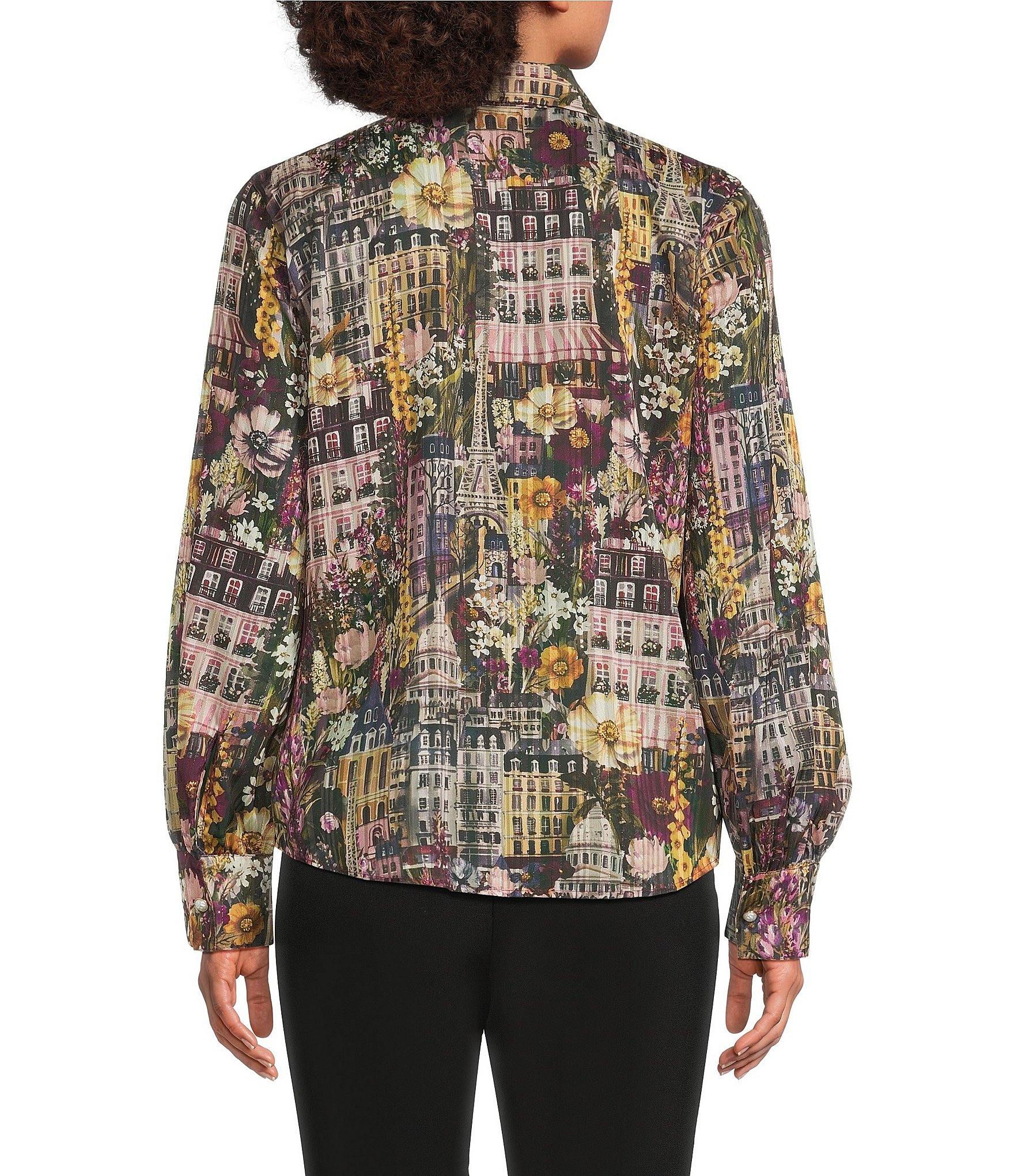 KARL LAGERFELD PARIS Woven Printed Shadow Stripe With Lurex Point Collar Long Sleeve Blouse