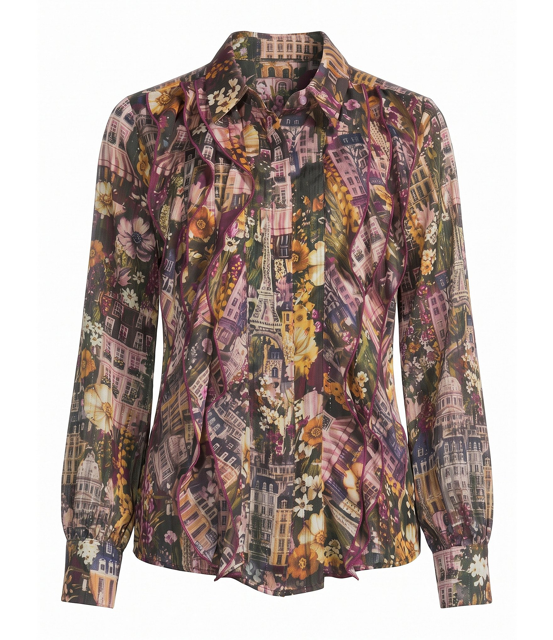 KARL LAGERFELD PARIS Woven Printed Shadow Stripe With Lurex Point Collar Long Sleeve Blouse