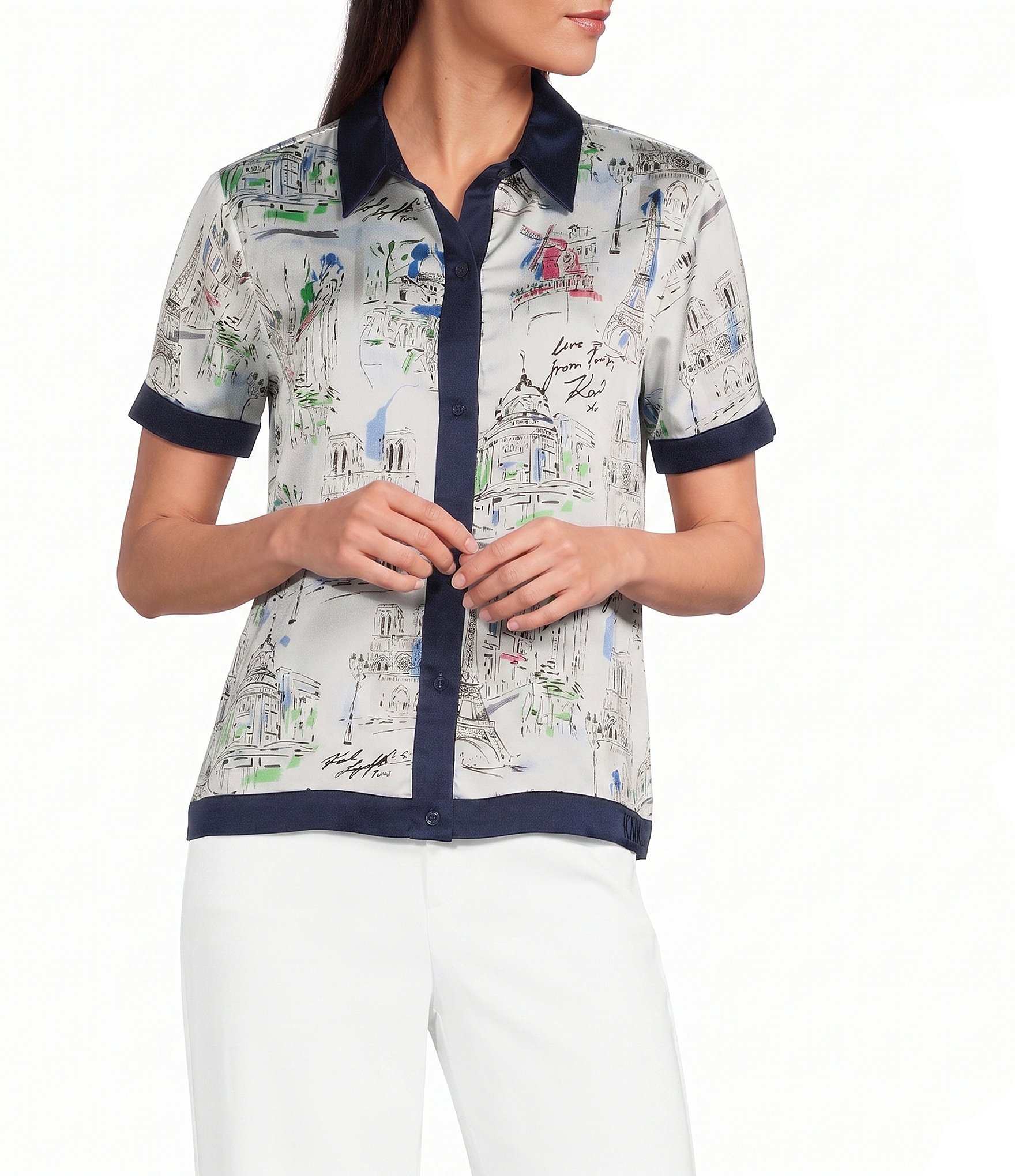 KARL LAGERFELD PARIS Woven Satin Crepe Printed Point Collar Short Sleeve Top