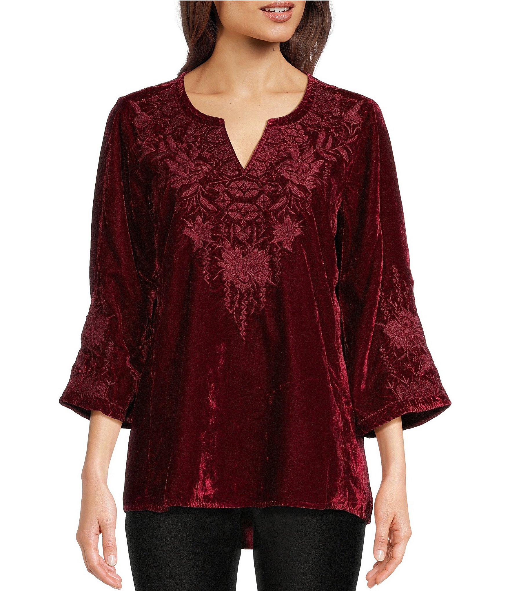 | Seo Tunic Embroidered Velvet Dillard\'s Aelly 3/4 Sleeve Split Soft Karyn V-Neck