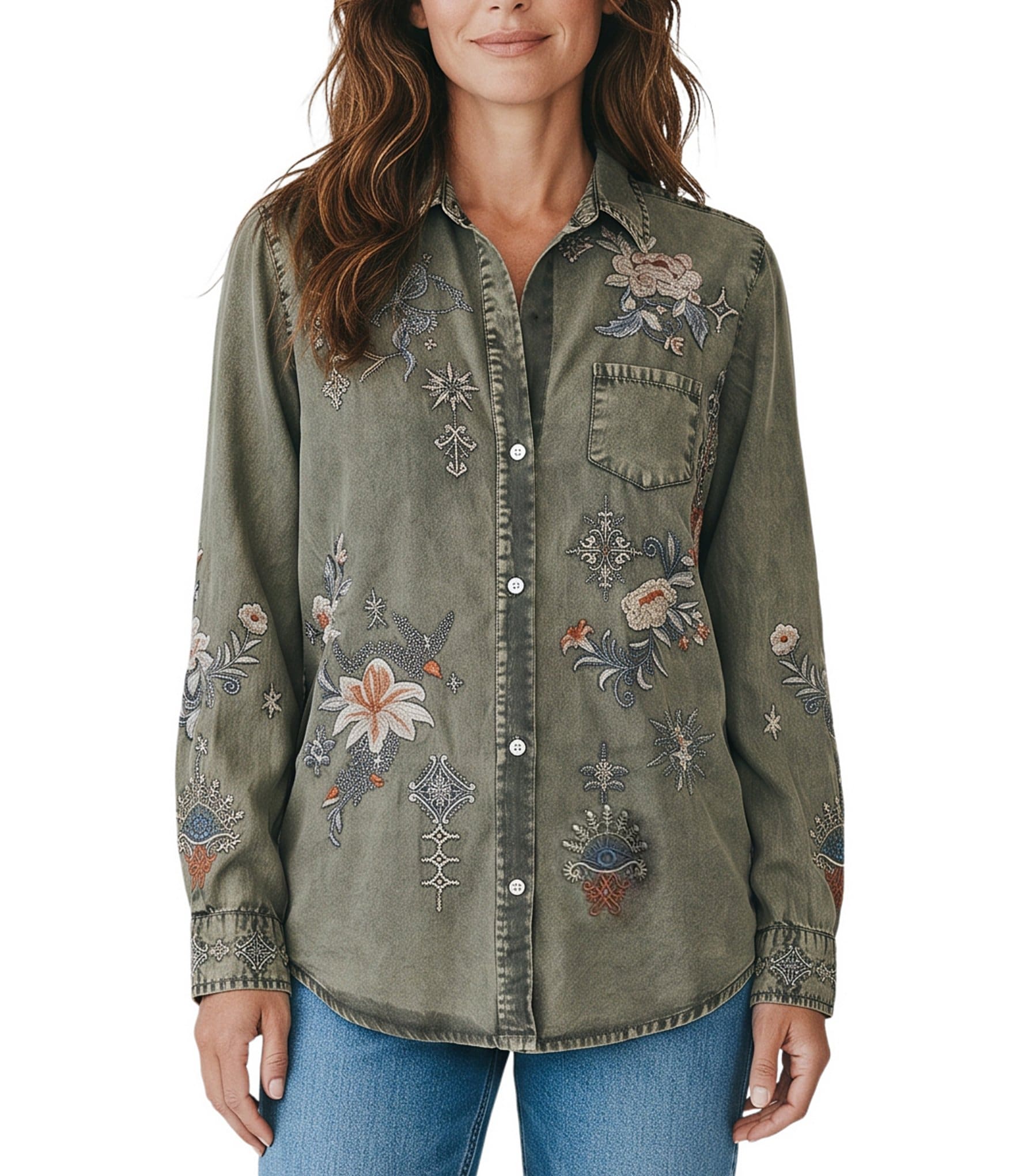 Karyn Seo Amara Woven Spread Collar Long Sleeve Button Down Shirt