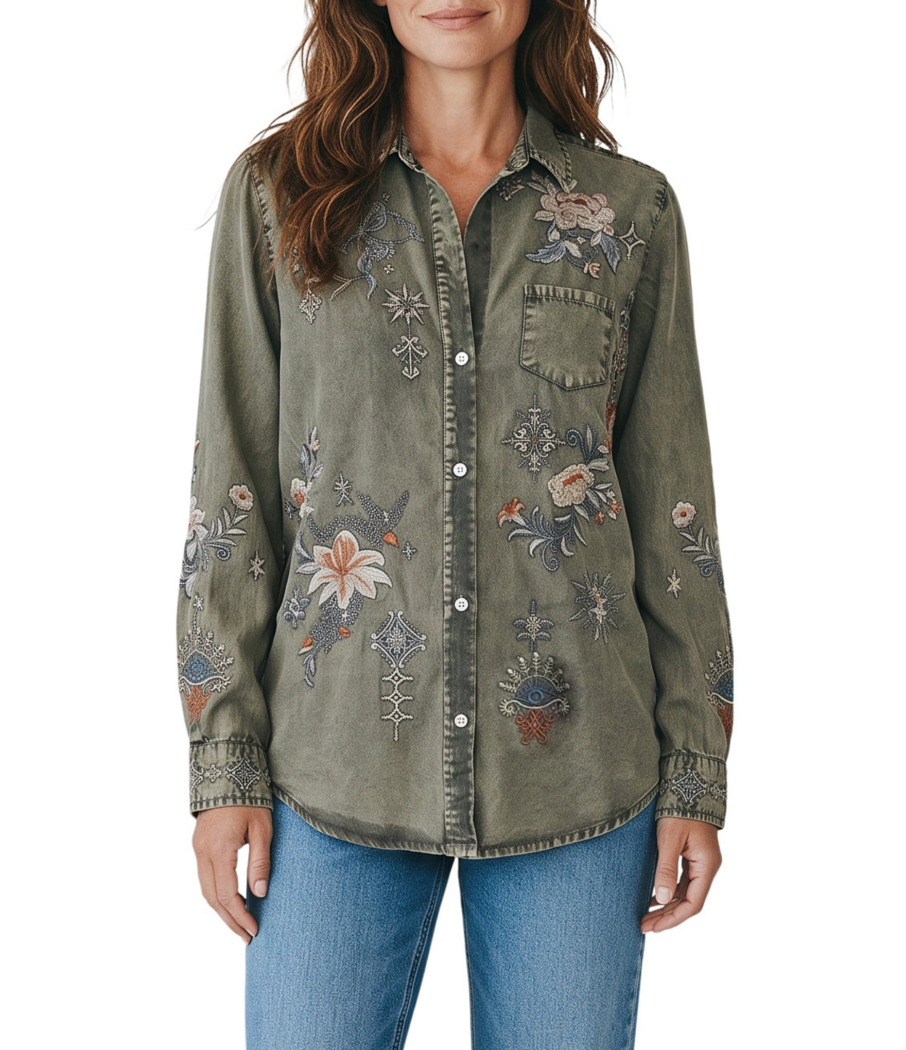 Karyn Seo Amara Woven Spread Collar Long Sleeve Button Down Shirt