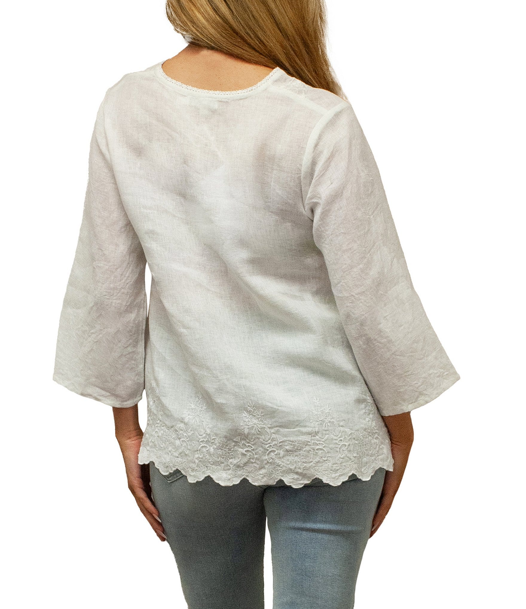 Karyn Seo Billie Linen Tonal Embroidered 3/4 Sleeve Blouse