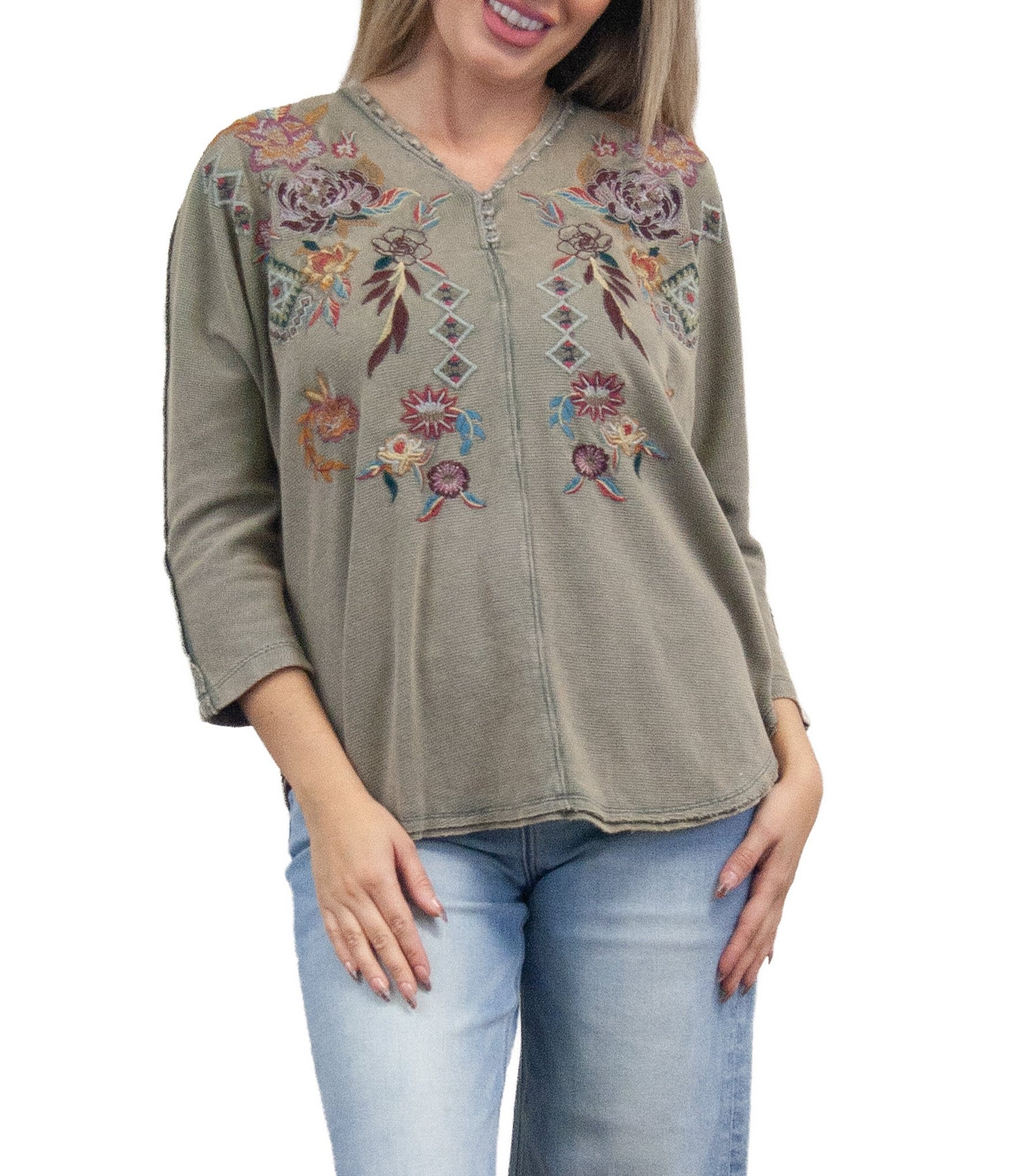 Karyn Seo Cecily Knit Thermal V-Neck 3/4 Sleeve Top