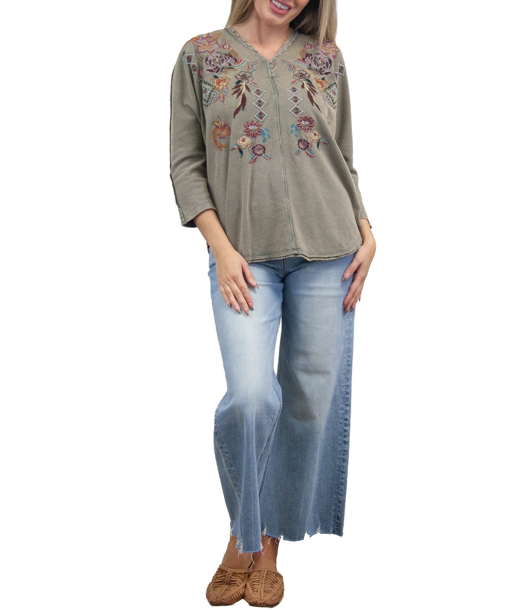 Karyn Seo Cecily Knit Thermal V-Neck 3/4 Sleeve Top