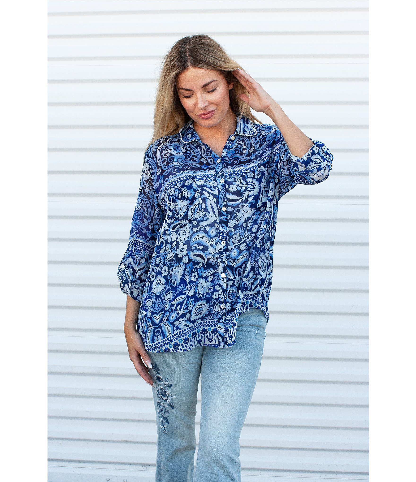 Karyn Seo Holly Bohemian Print Chiffon Spread Collar Long Sleeve Button Front Shirt