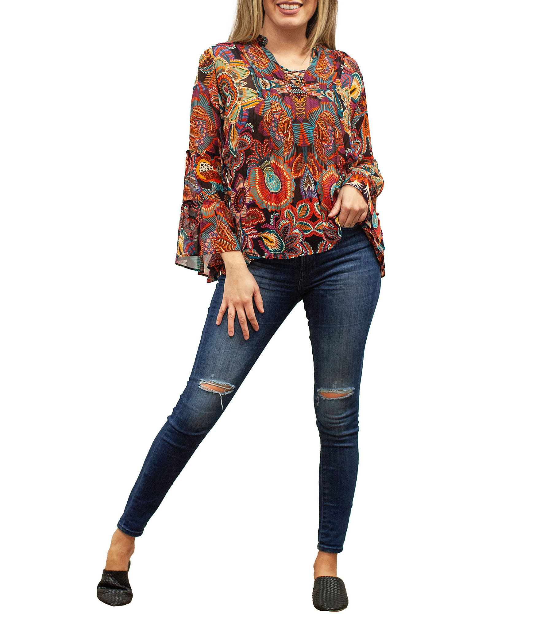 Karyn Seo Isolde Floral Print V-Neck Bell Sleeve Top