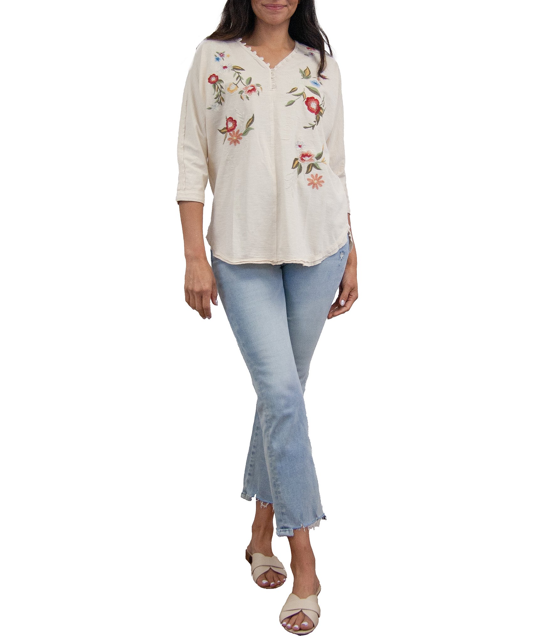 Karyn Seo Knit Embroidered 3/4 Sleeve Blouse