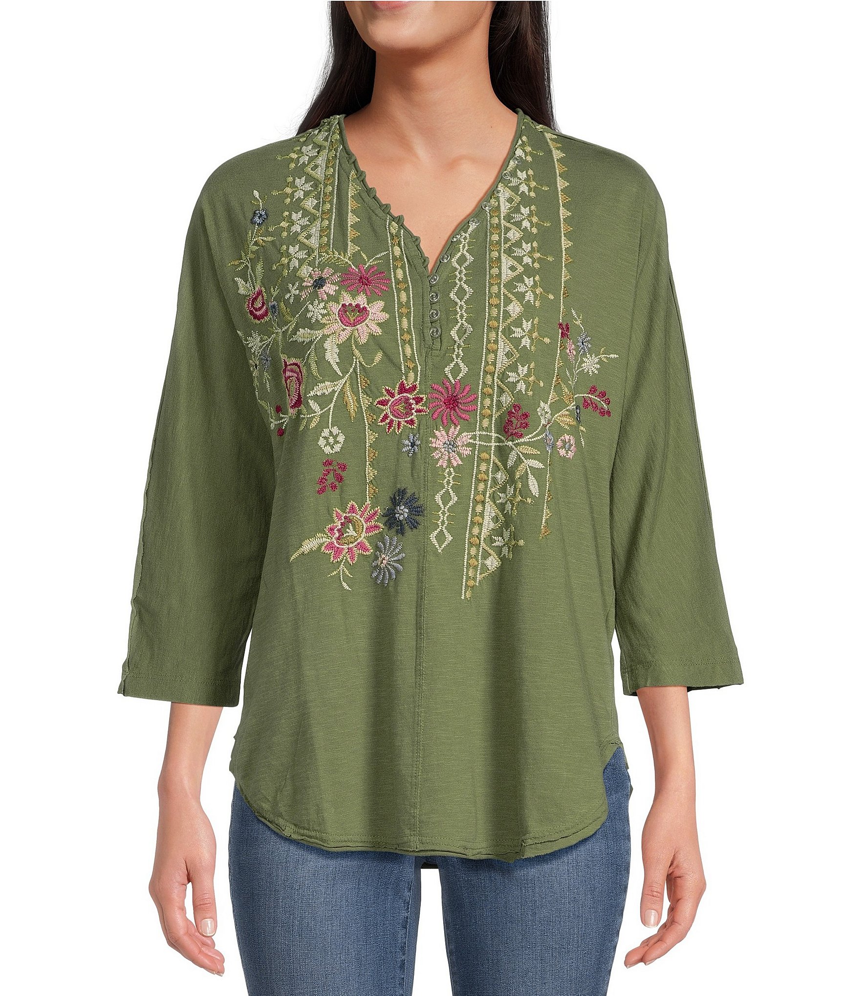 Karyn Seo Knit Embroidered Mally V-Neck 3/4 Sleeve Blouse | Dillard's