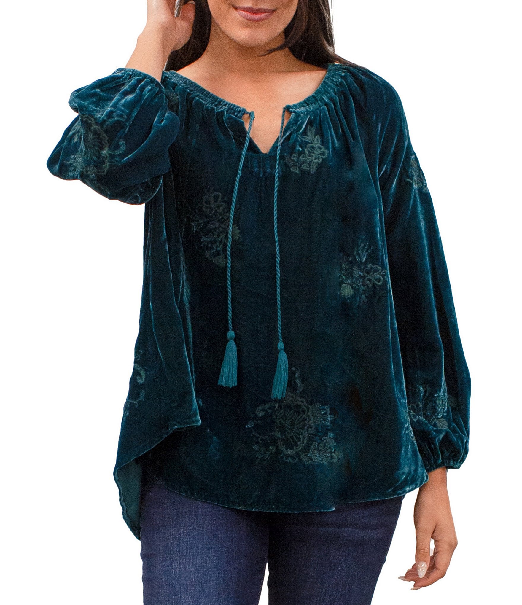 Karyn Seo Rhea Velvet Split V-Neck Long Sleeve Tassel Tie Blouse