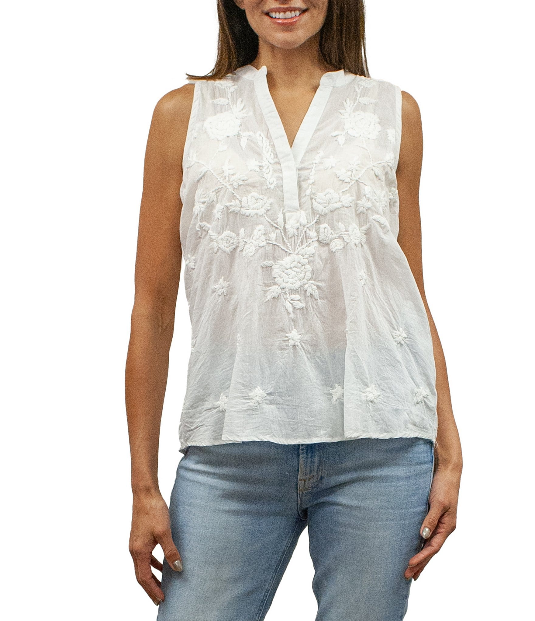 Karyn Seo Tamara Embroidered Floral Motif Notch V-Neck Sleeveless Tank