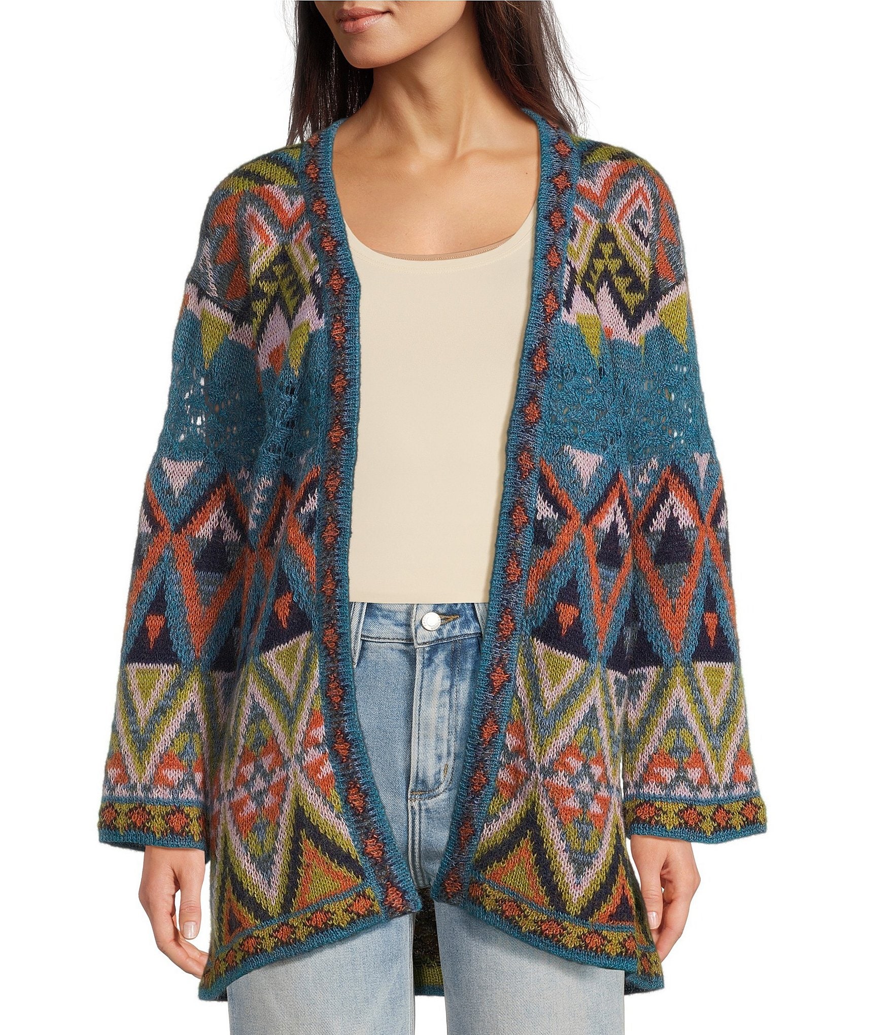 Karyn Seo Wool Blend Benita Bohemian Abstract Geometric Long Sleeve Open Front Cardigan