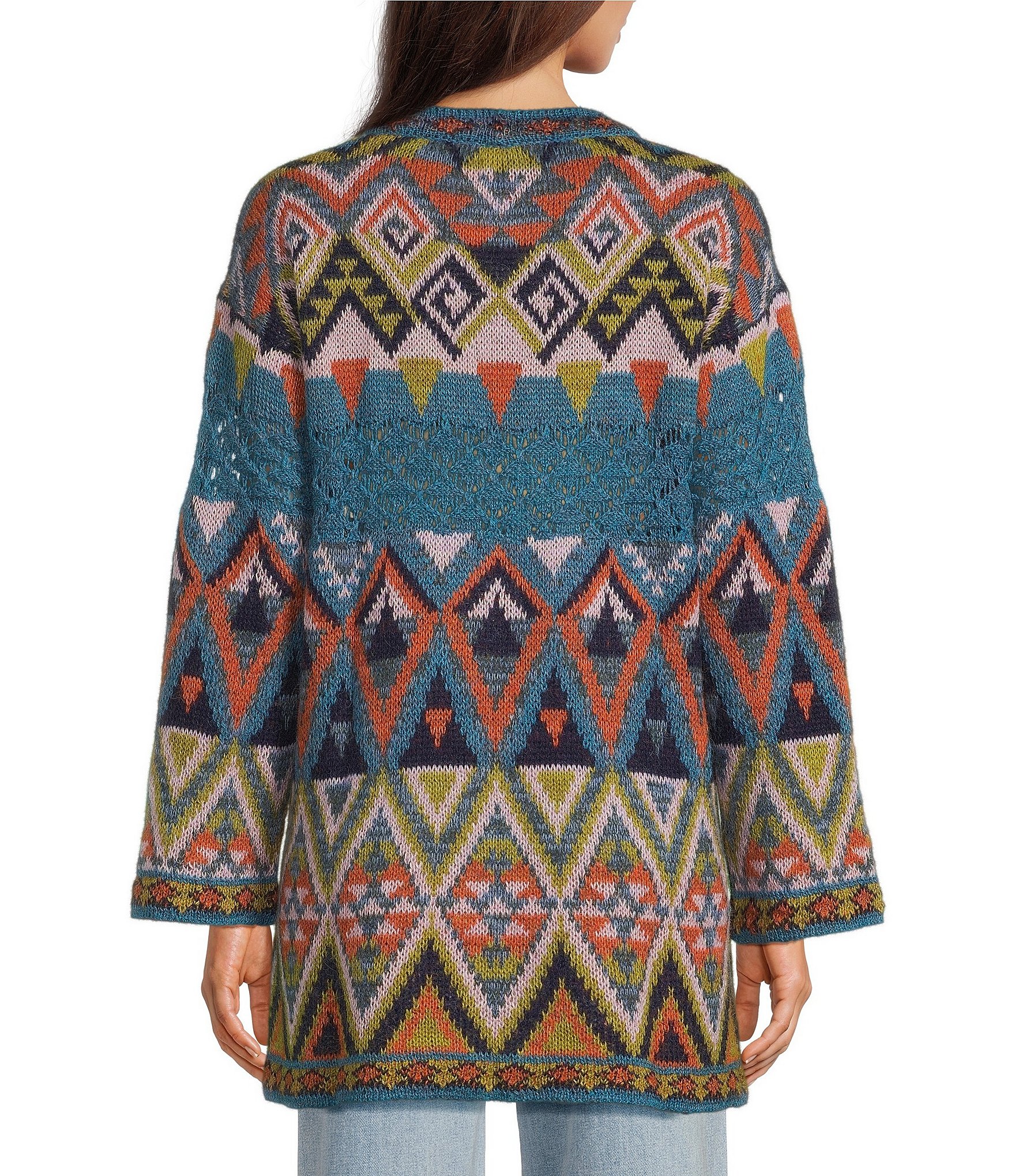 Karyn Seo Wool Blend Benita Bohemian Abstract Geometric Long Sleeve Open Front Cardigan