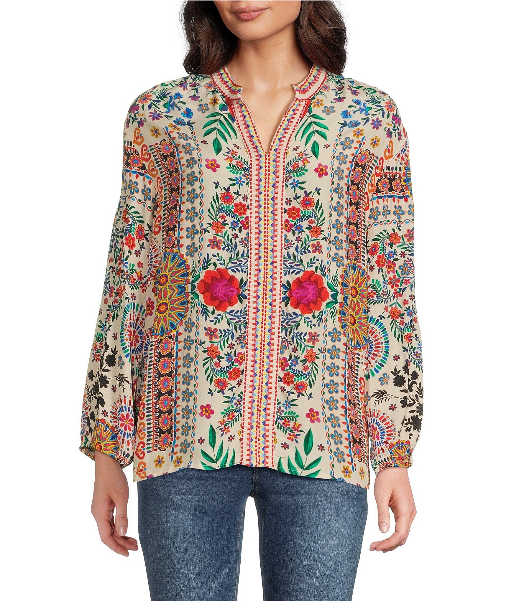Karyn Seo Ziggy Floral Embroidered Notch V-Neck 3/4 Sleeve