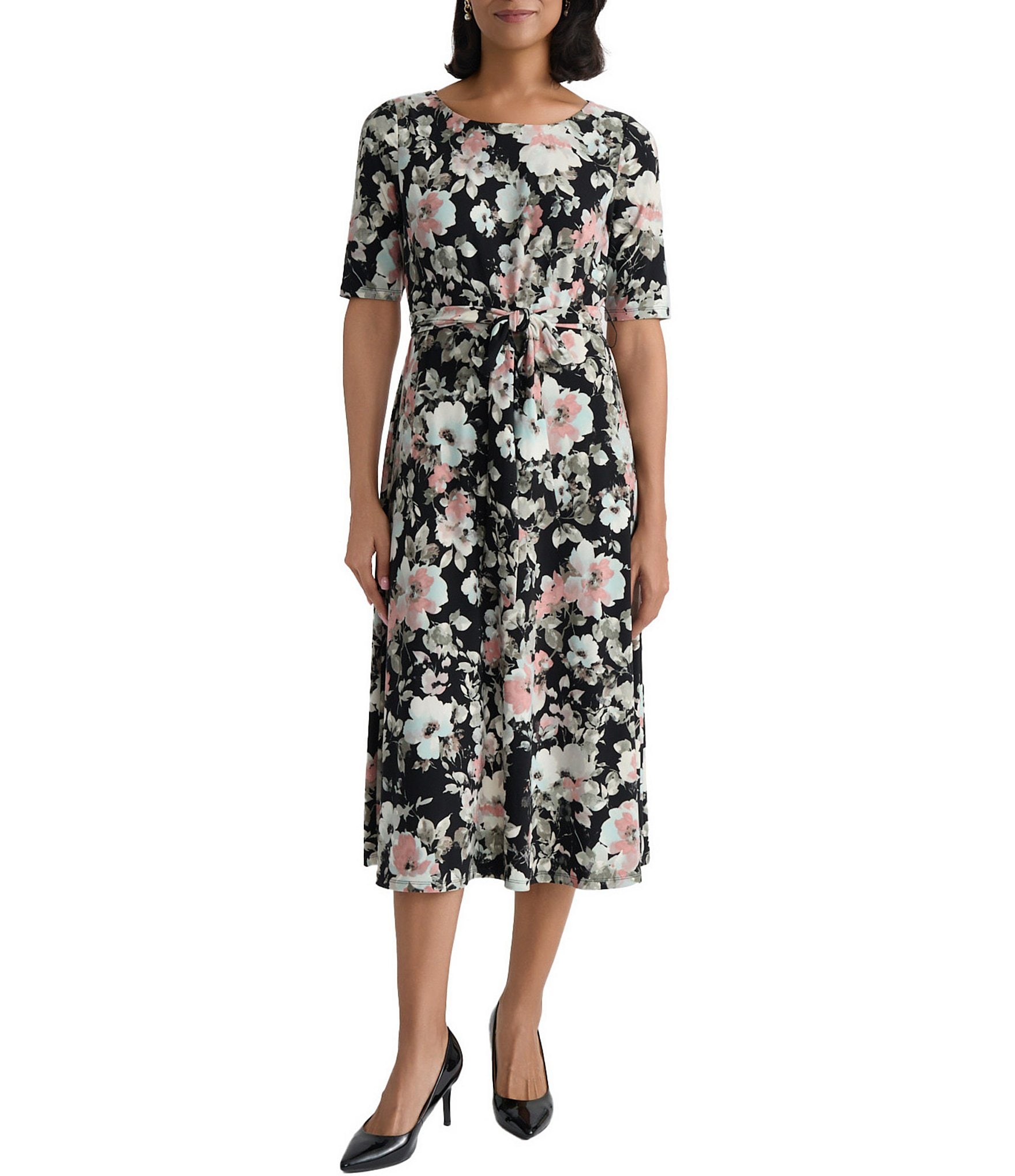 Kasper Fit & Flare Short Sleeve Printed Dress