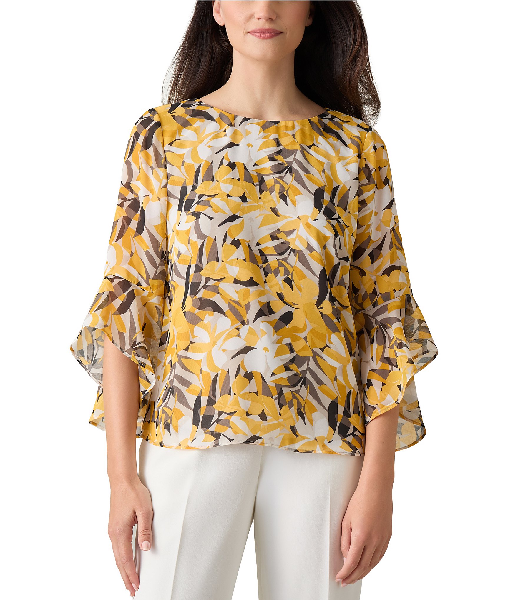 Kasper Floral Leaf Chiffon 3/4 Ruffle Sleeve Blouse | Dillard's